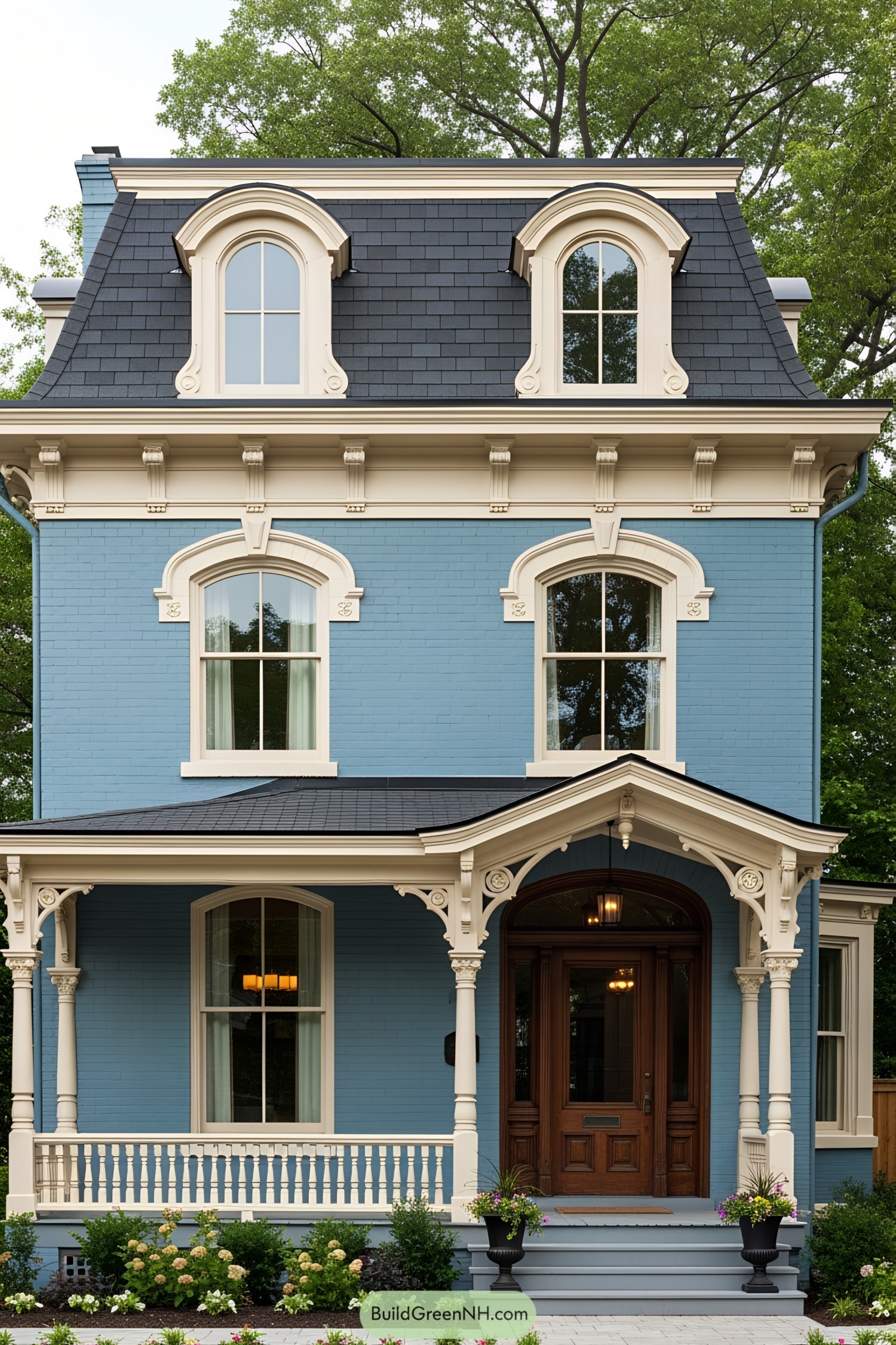 Charming blue Victorian house with ornate detailing