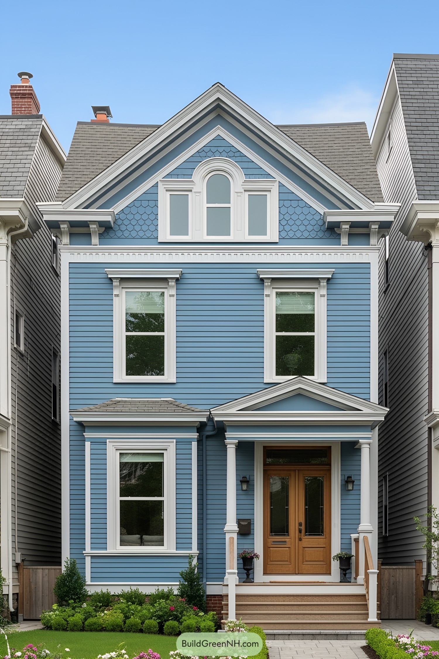 Charming blue Victorian house with a gable roof