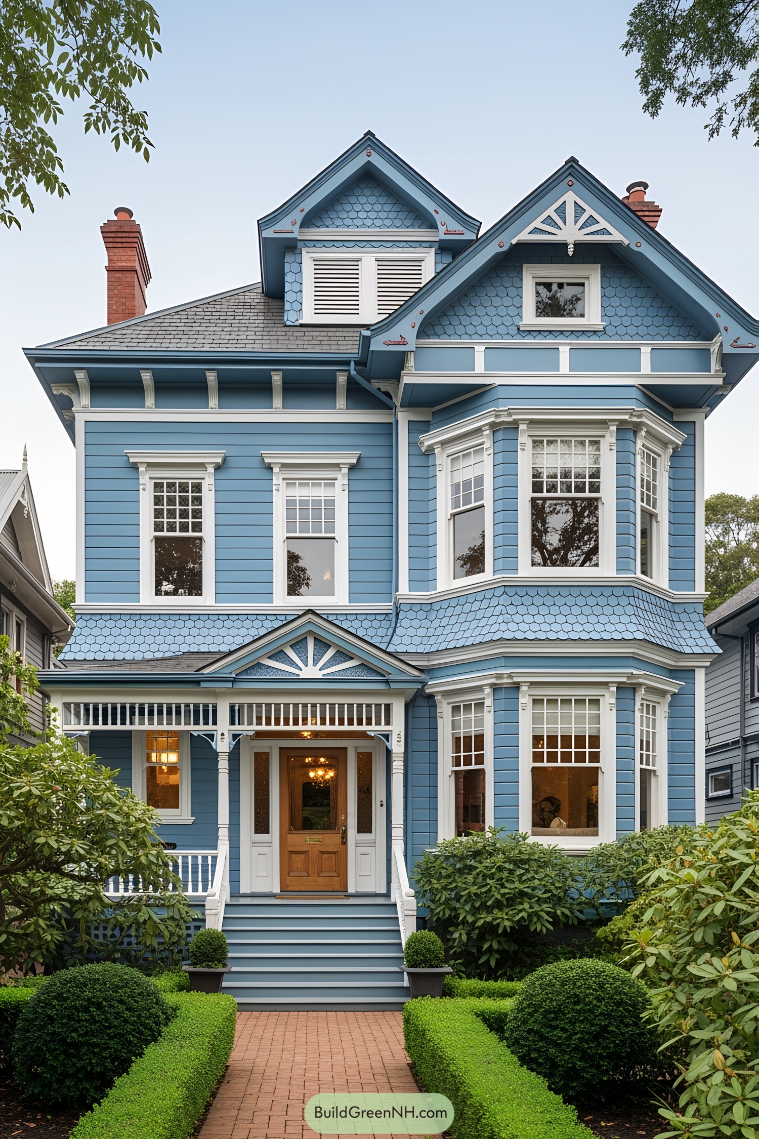 Blue Victorian house with ornate details and a charming porch