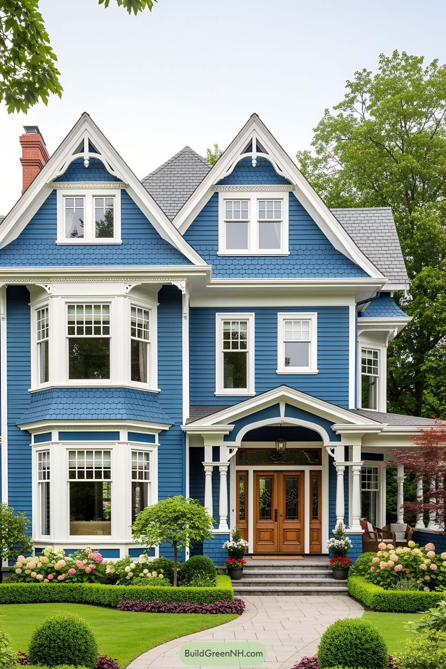 Blue Victorian house with intricate trim and lush garden