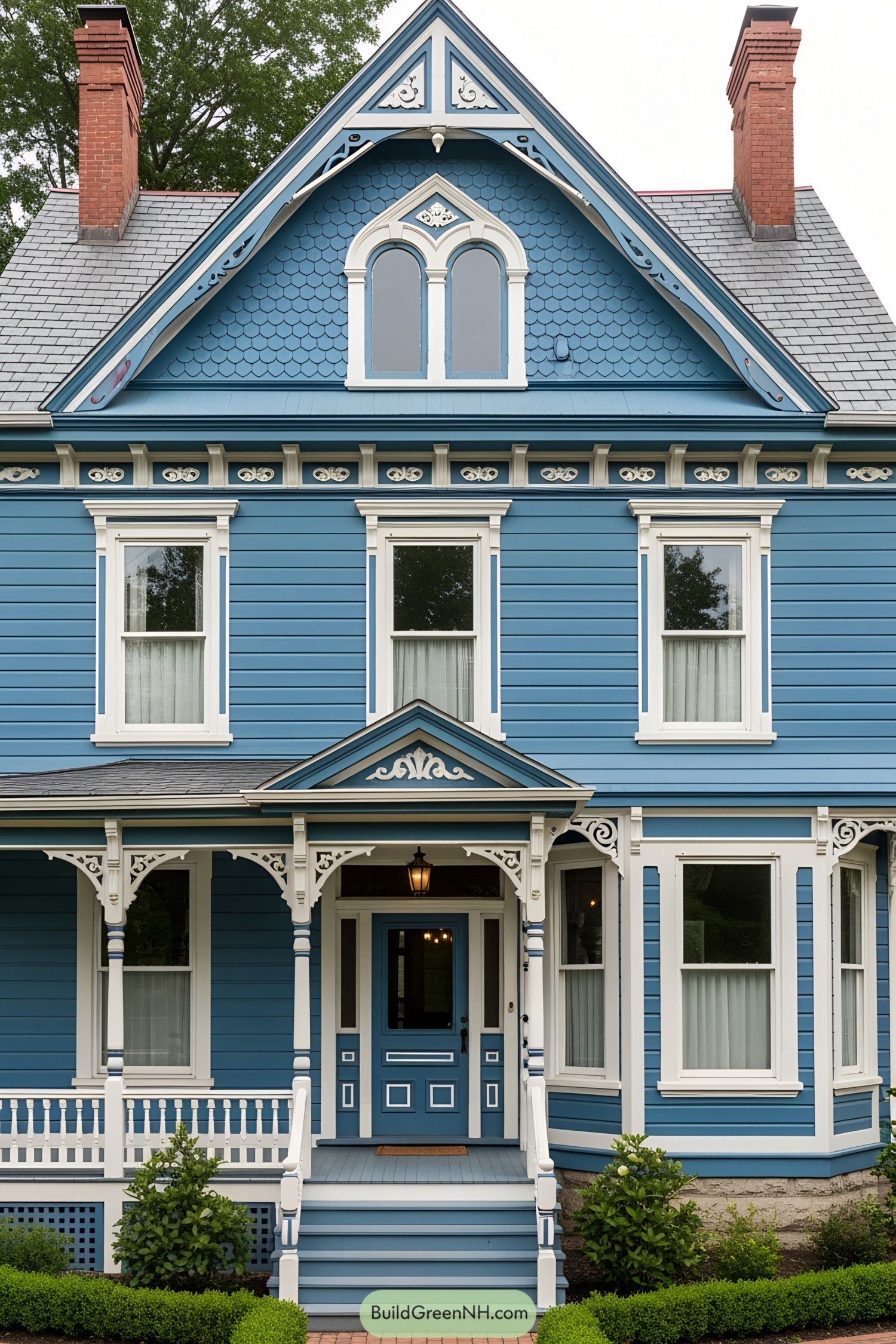 Charming blue Victorian house with intricate details