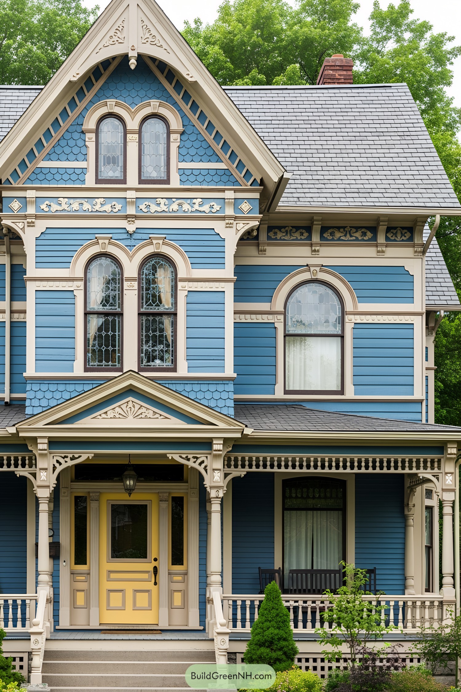 Blue Victorian house with intricate woodwork and a yellow door