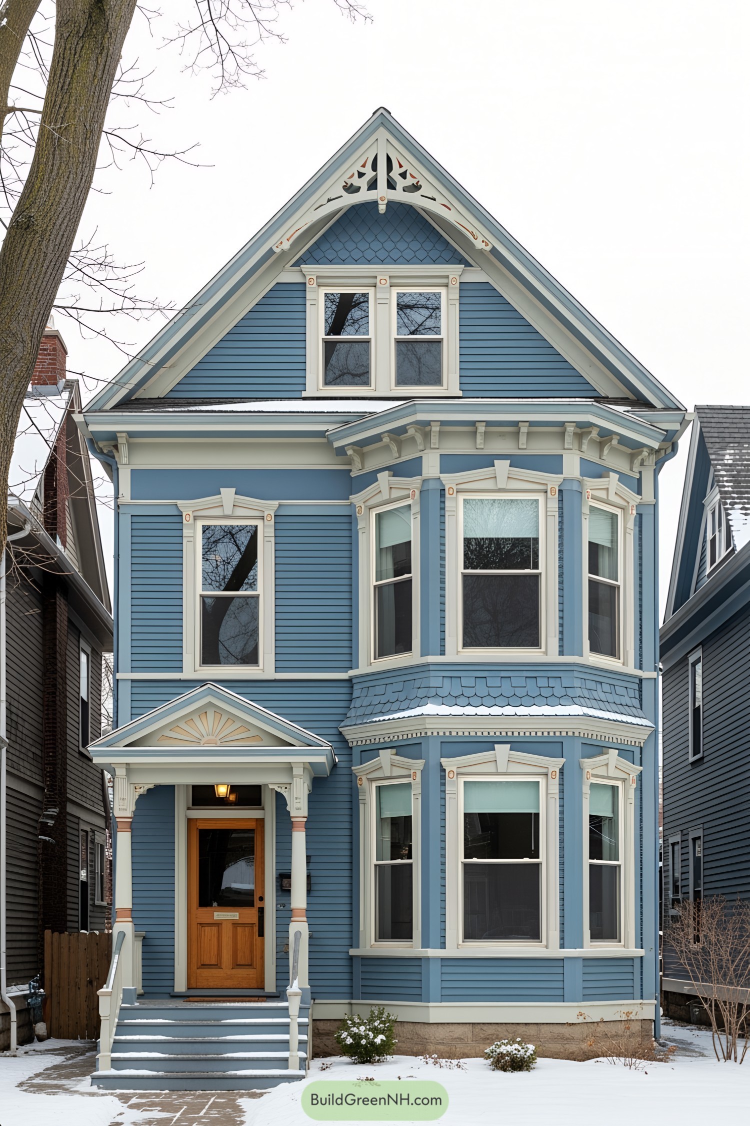 Charming blue Victorian house with intricate details