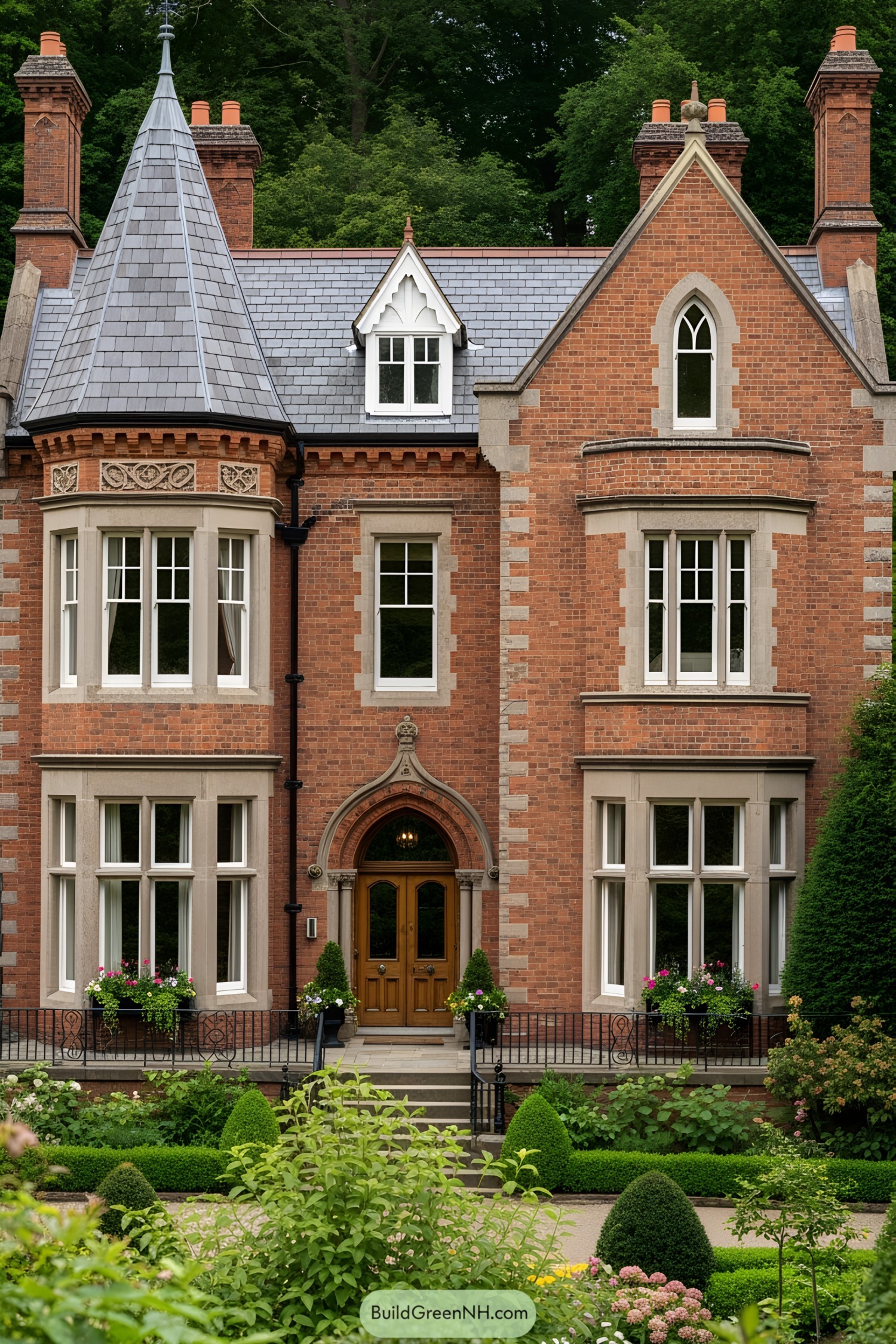Victorian house with brick facade and lush garden