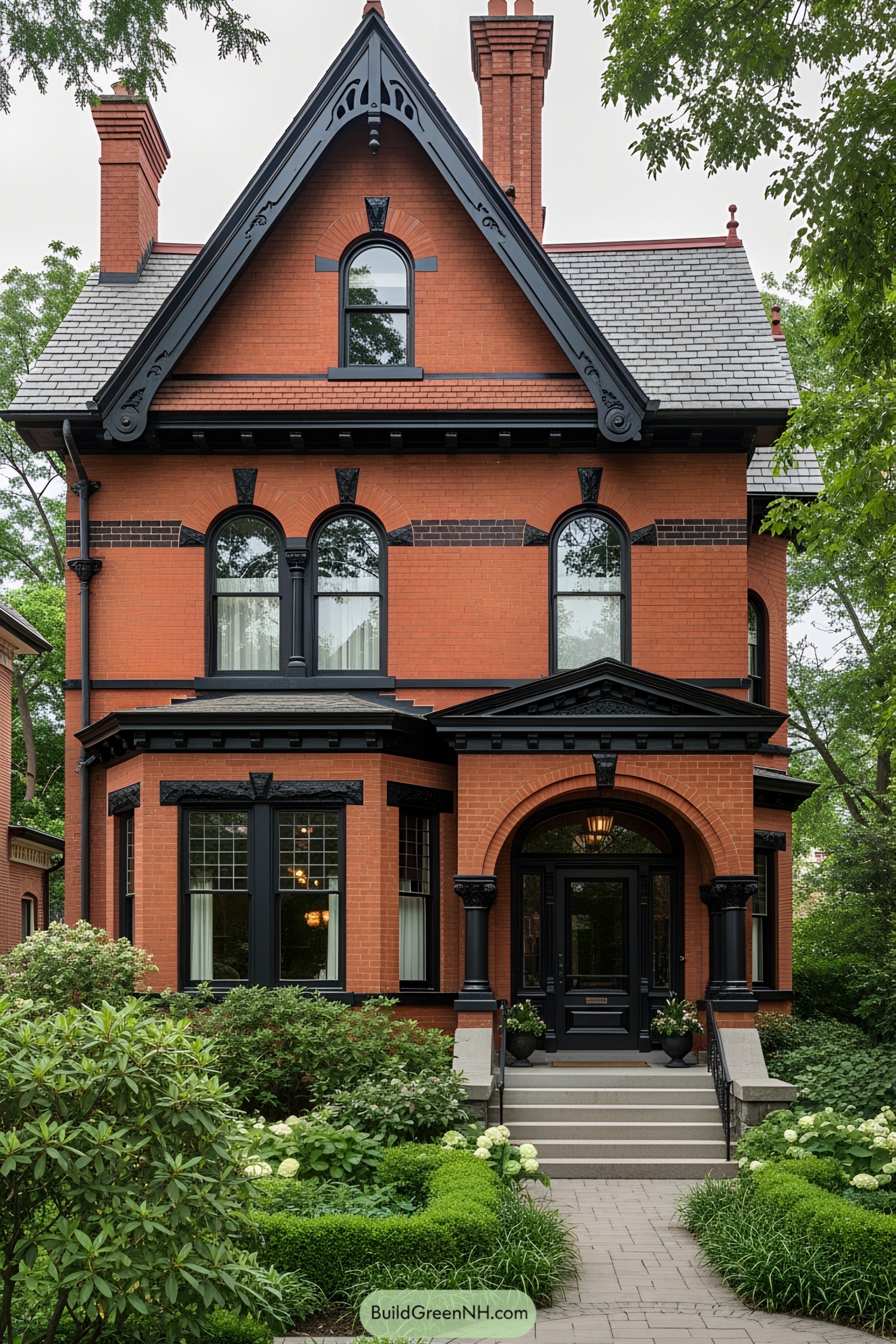 Victorian-style red brick house with lush garden