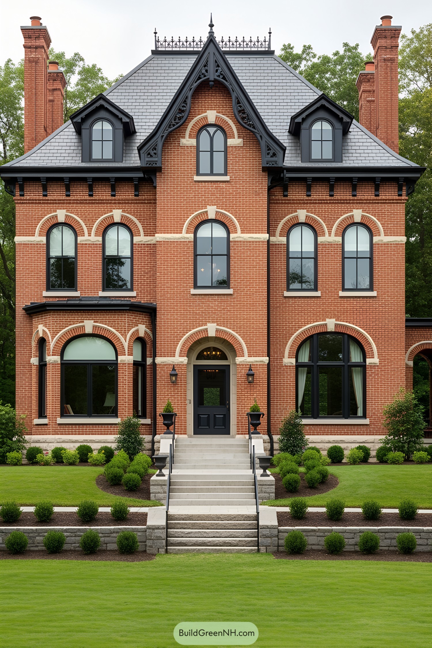 Elegant Victorian brick house with arched windows and lush greenery
