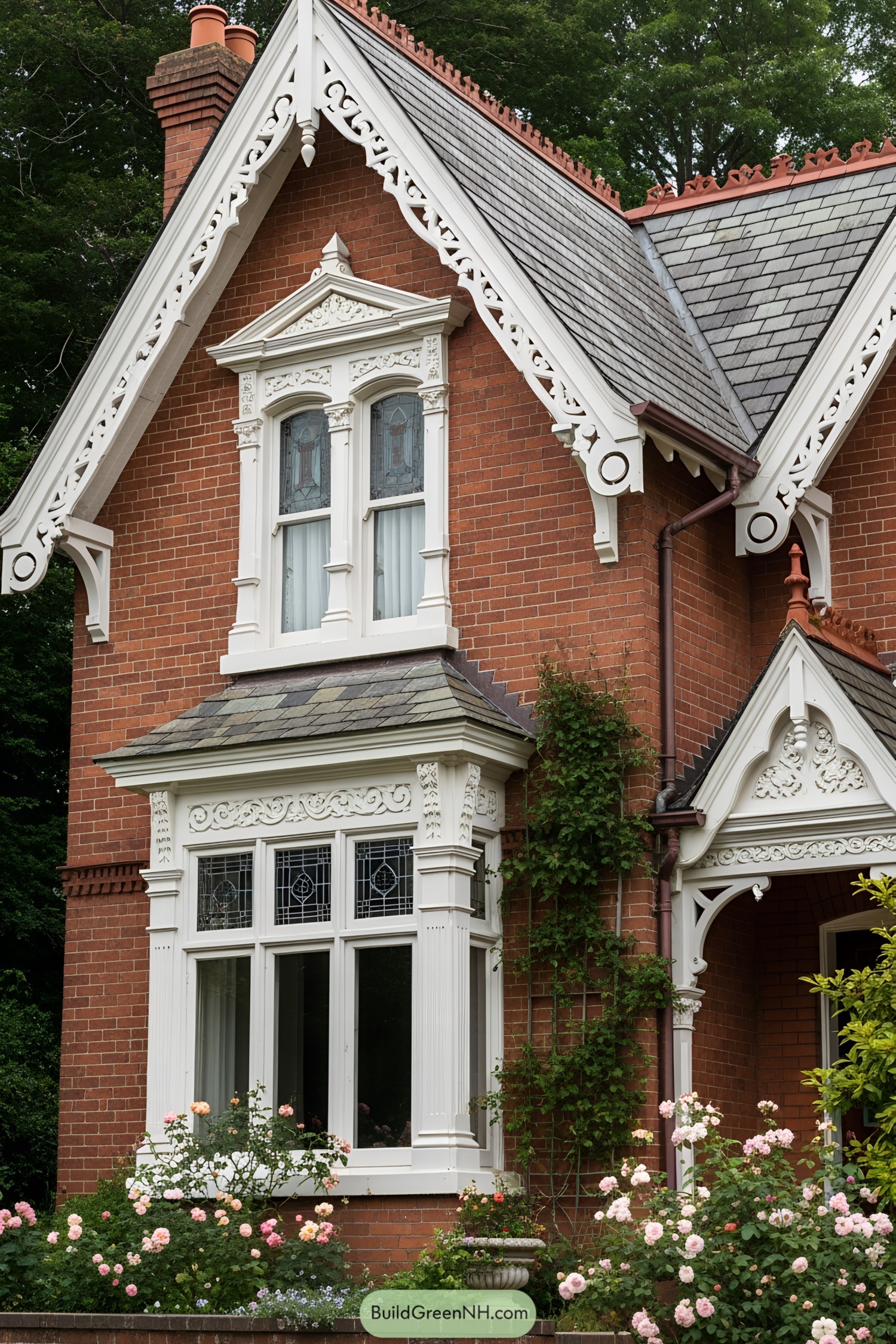 Elegant Victorian house with intricate trim and lush garden