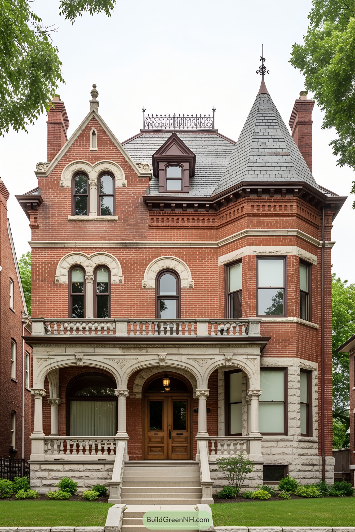 Brick Victorian house with arched porch and pointed turret