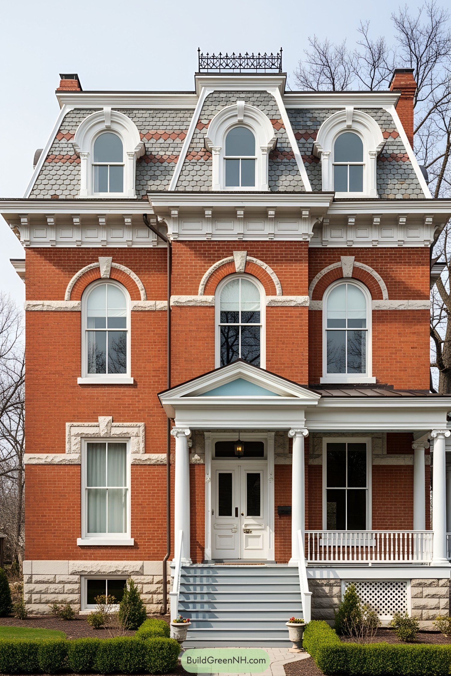 Victorian brick house with arched windows and a charming porch