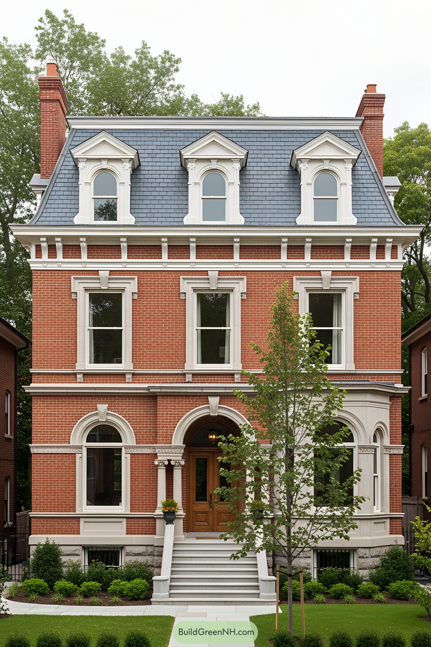 Victorian brick house with elegant white trims