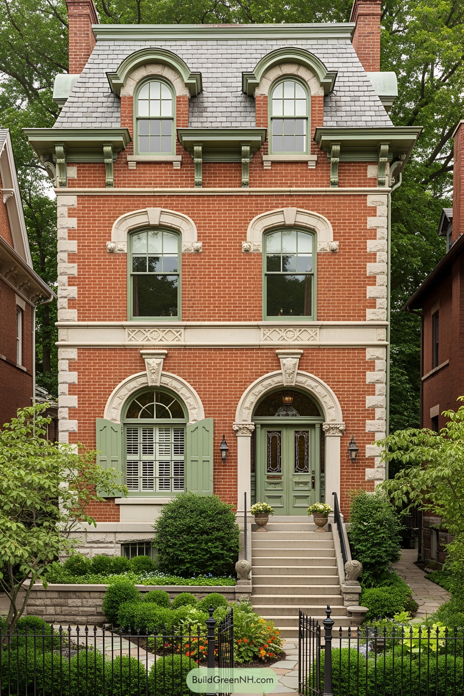 Beautiful brick Victorian house with lush garden, grand door, and elegant windows
