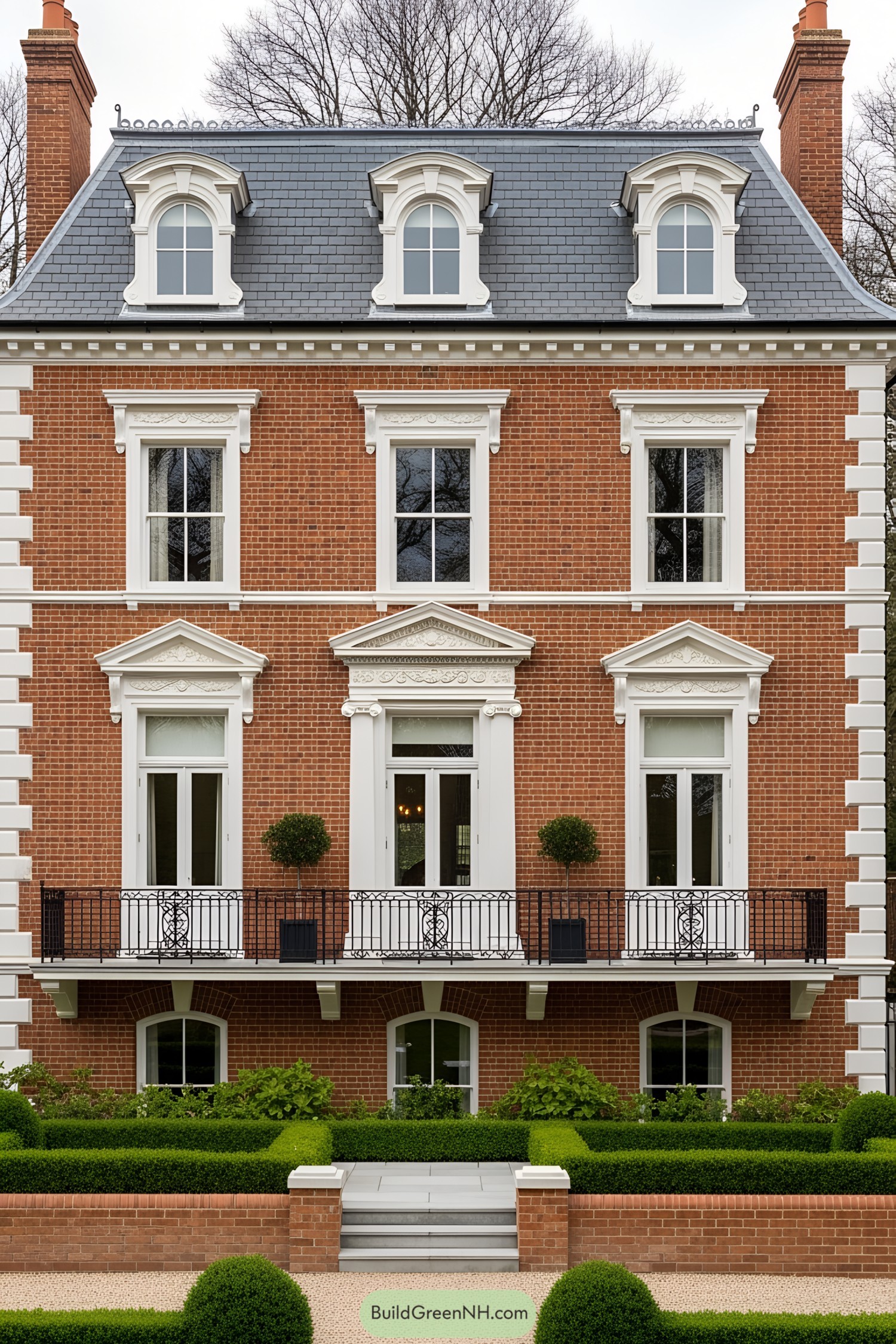 Stately Victorian brick house with elegant trim and lush greenery