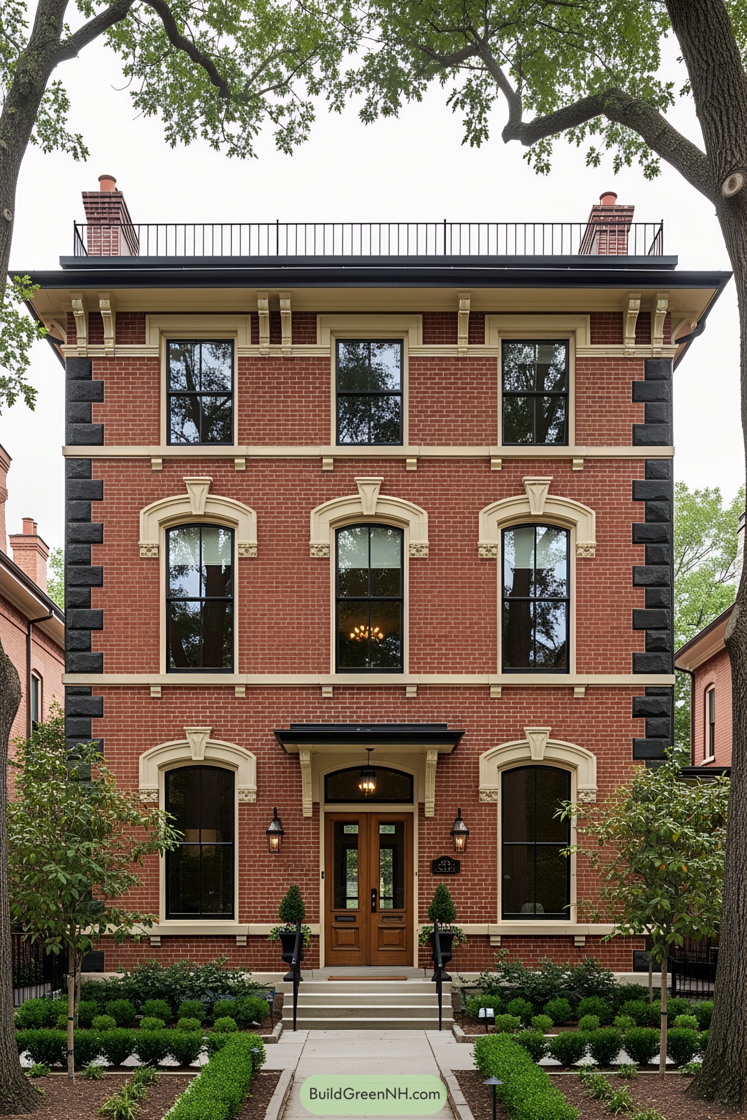 A stately Victorian brick house with ornate details and lush greenery