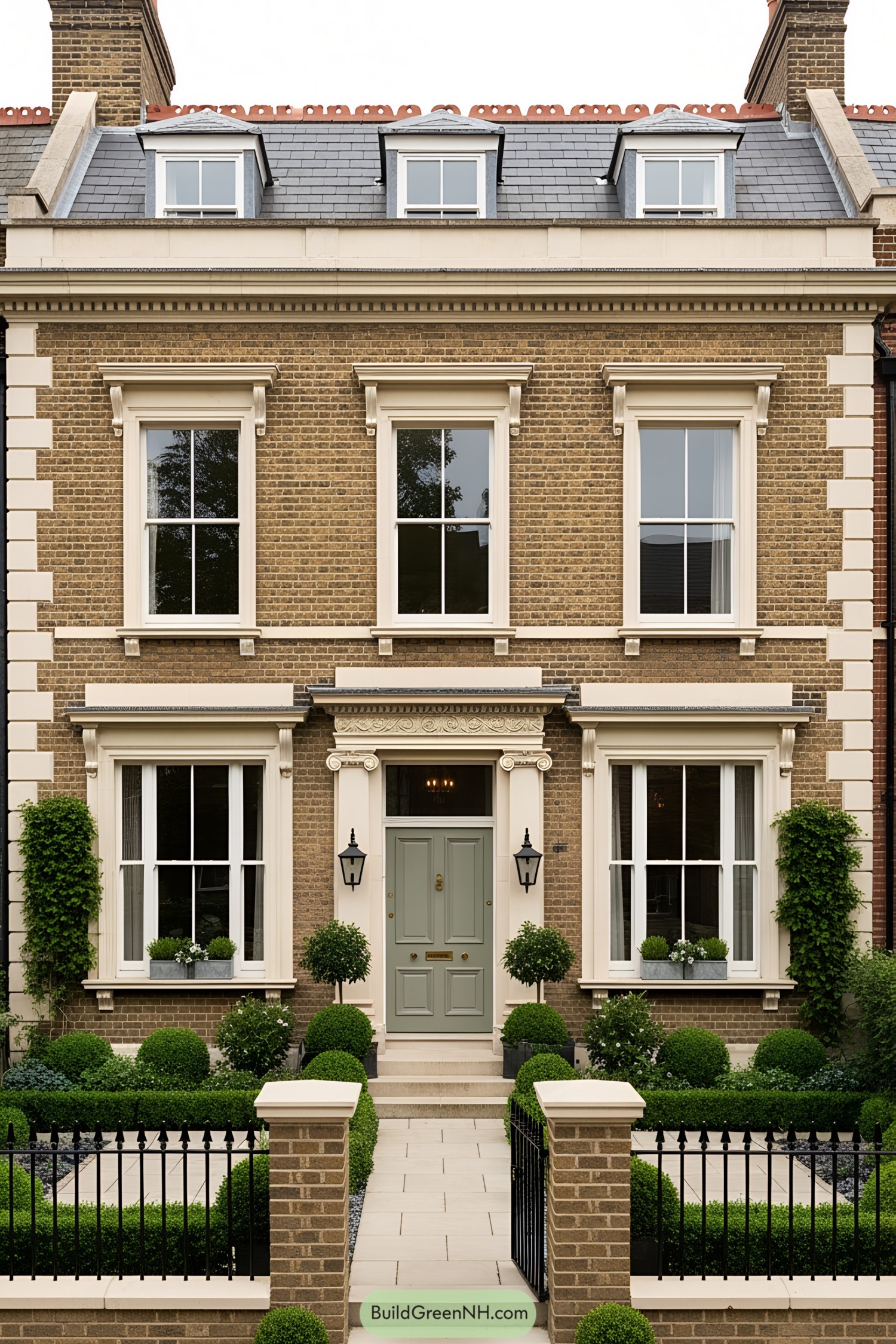 Classic Victorian brick house with elegant windows and lush greenery
