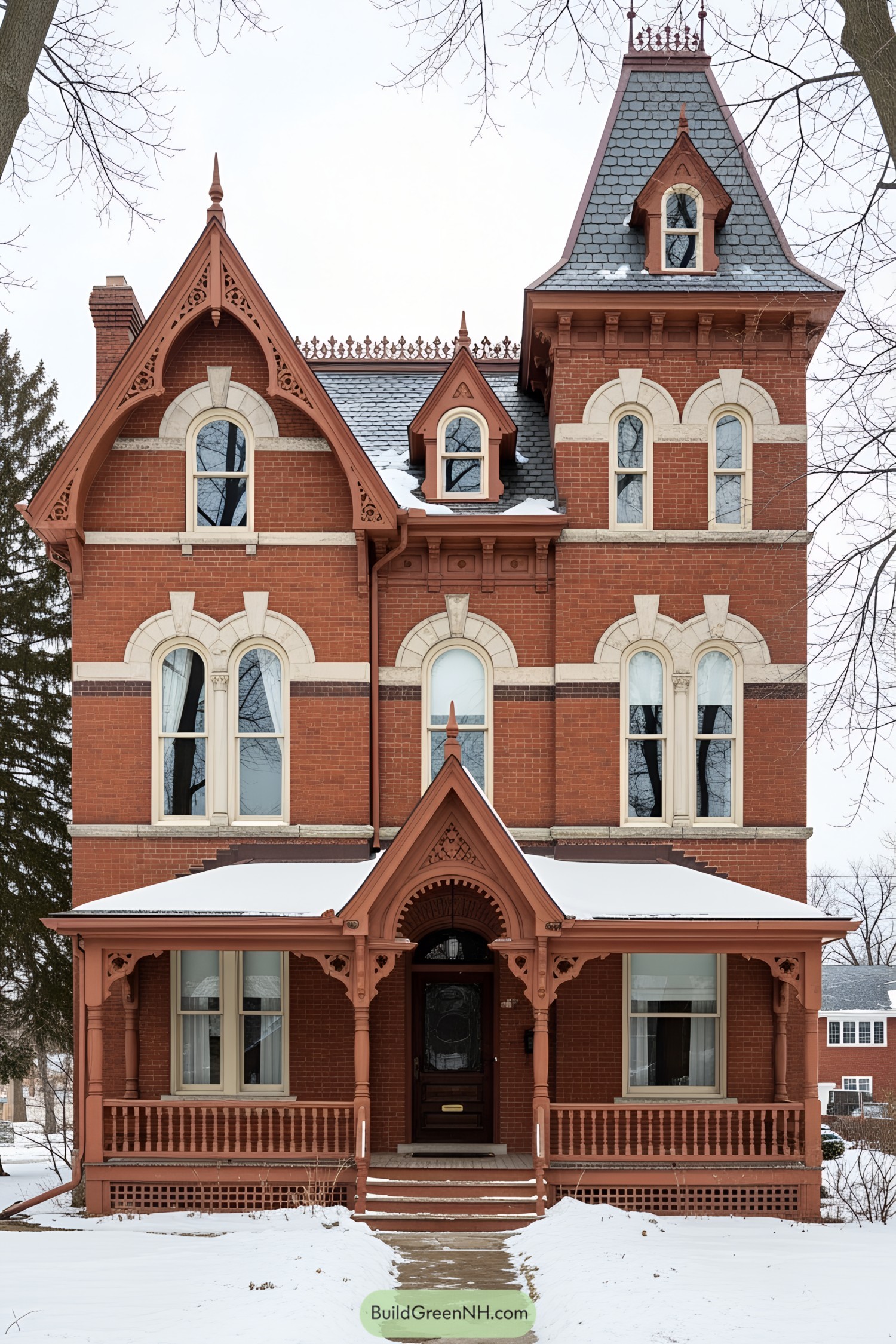 Red brick Victorian house in winter with snow