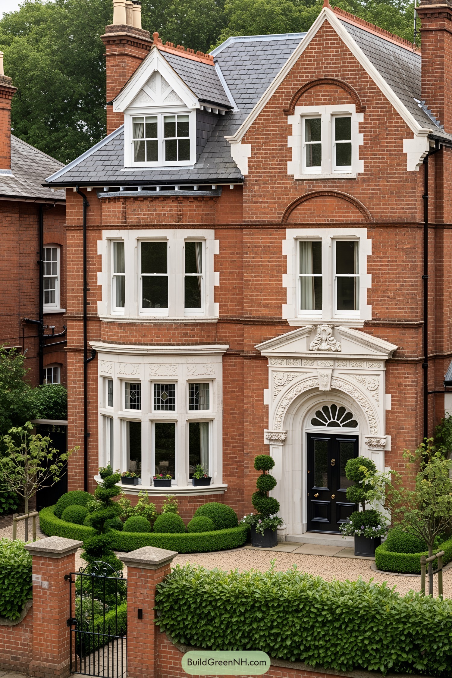 Victorian brick house with ornate detailing and lush greenery