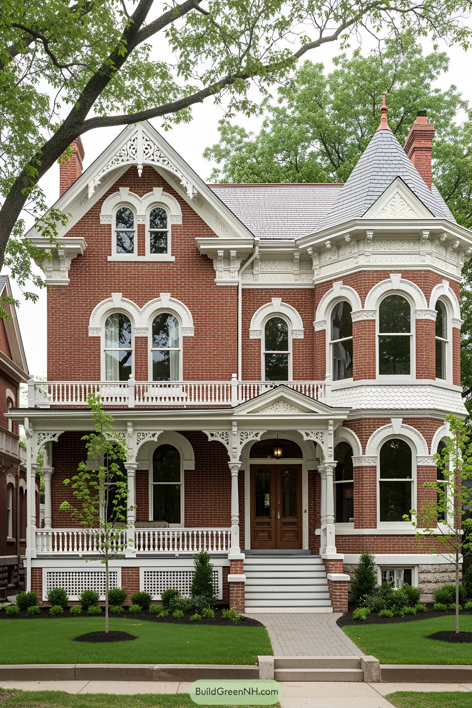 Ornate Victorian Brick Facade with Rounded Turrets