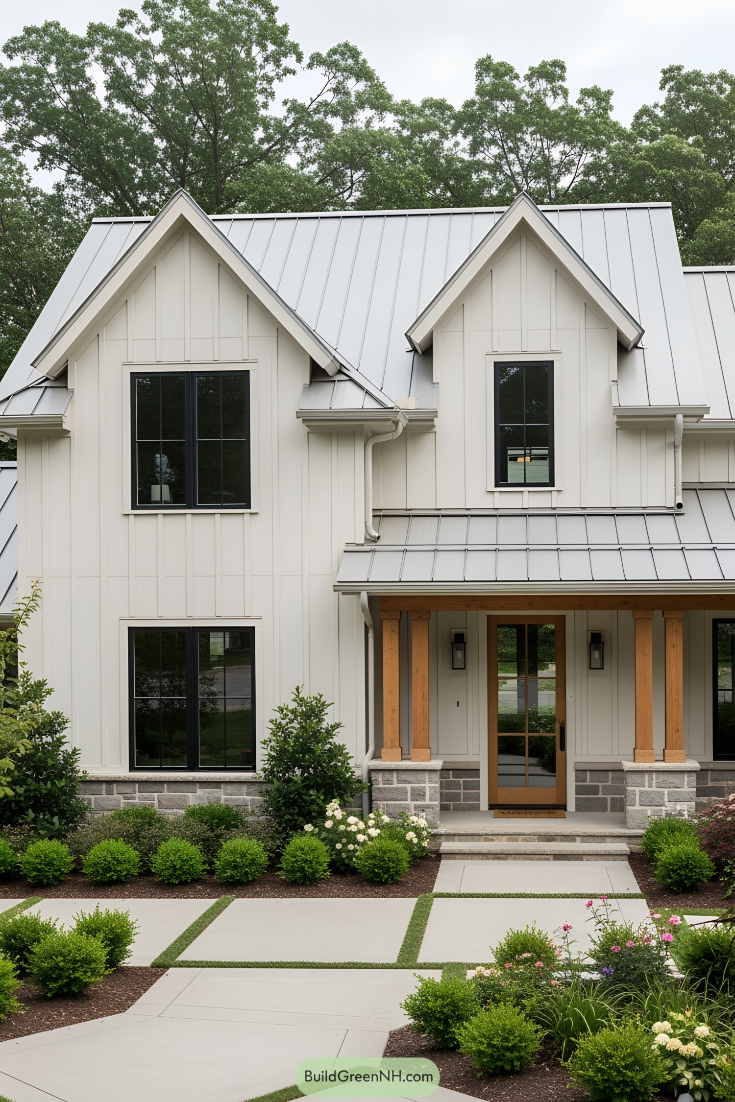 Charming farmhouse with wooden accents and a modern roof