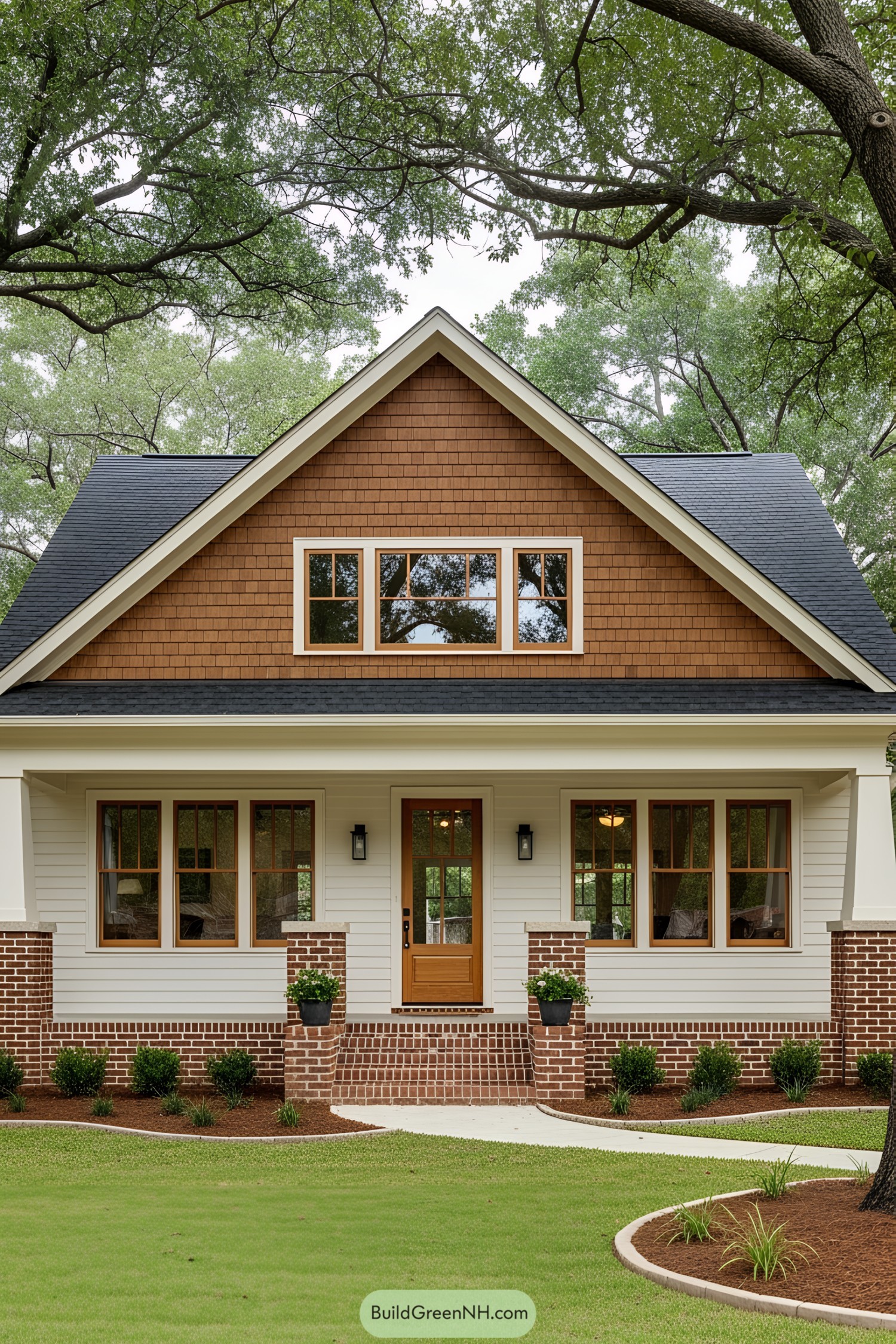 Farmhouse exterior with brick detailing and lush greenery