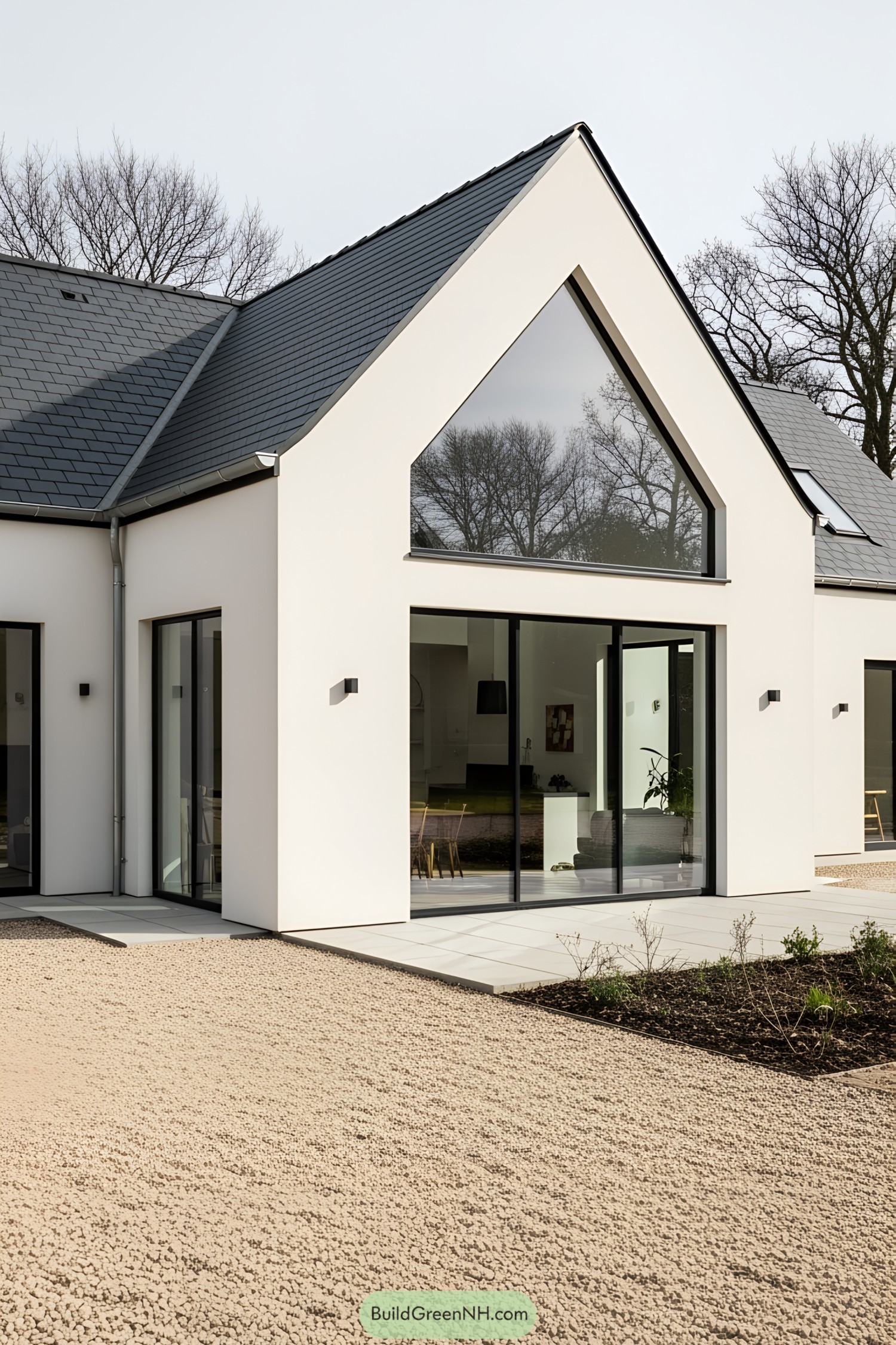 Sleek and modern bungalow farmhouse with large windows