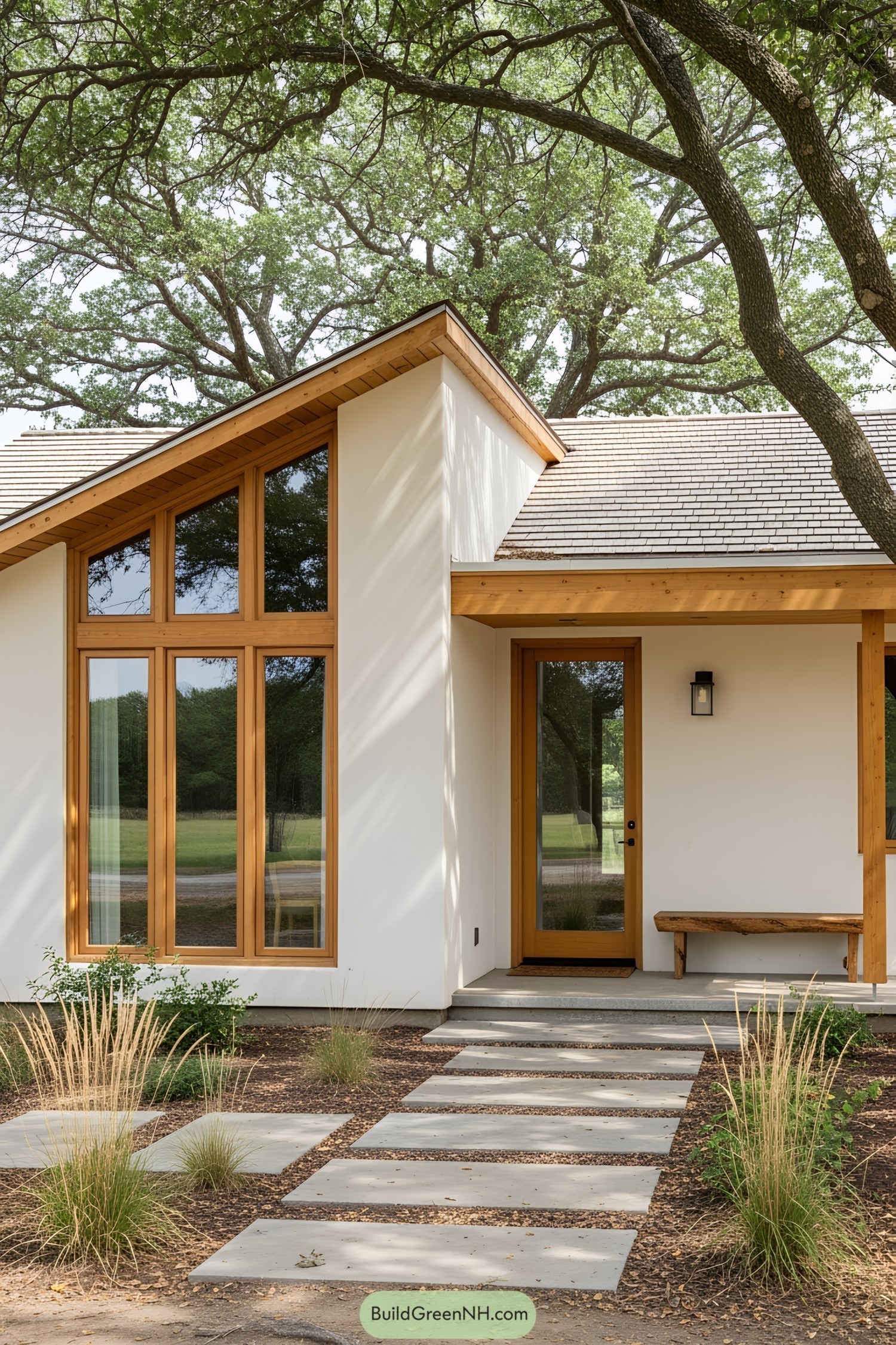 Modern bungalow with large windows and a wooden entrance