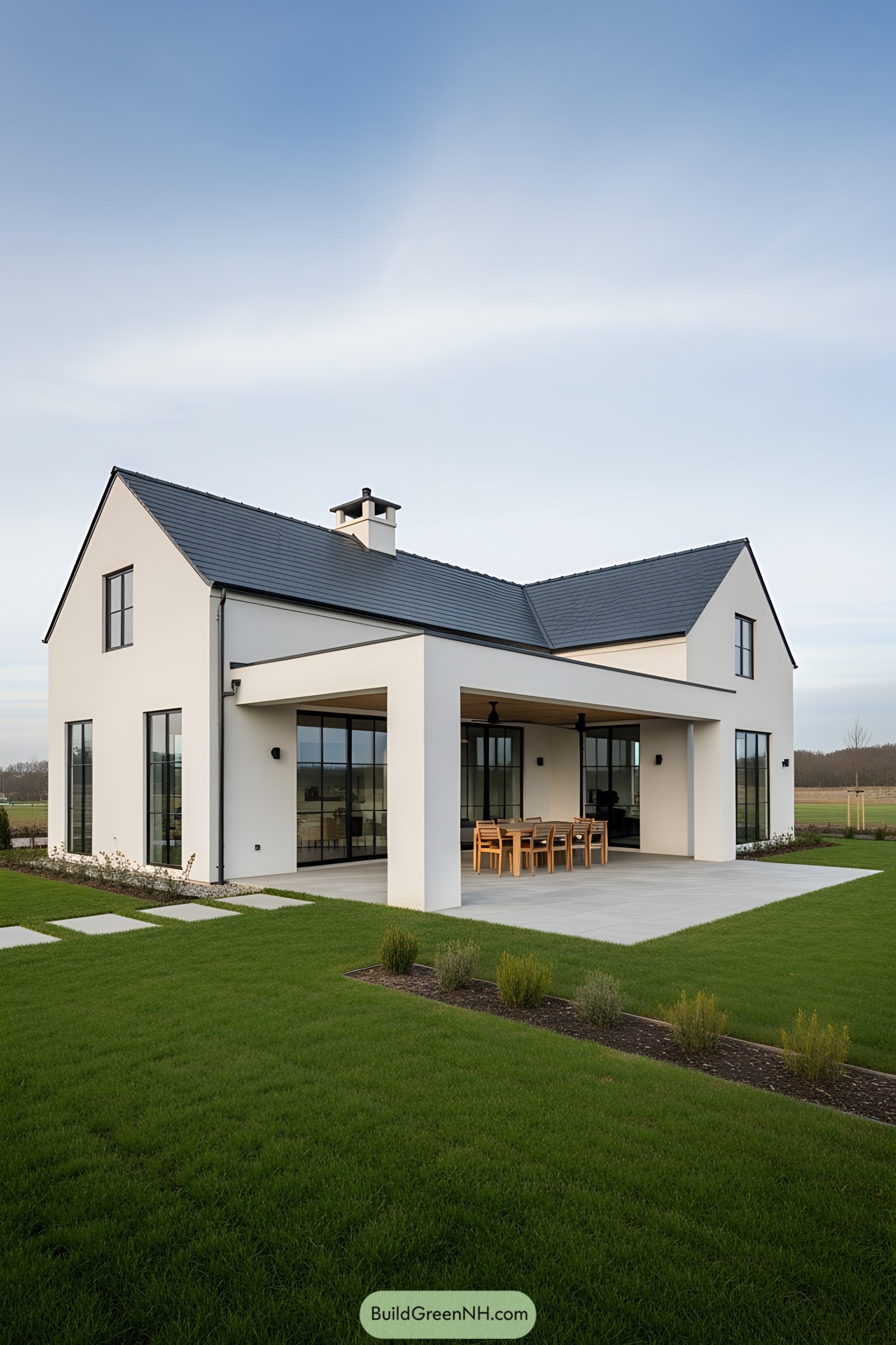 Modern farmhouse with a sleek design and spacious patio