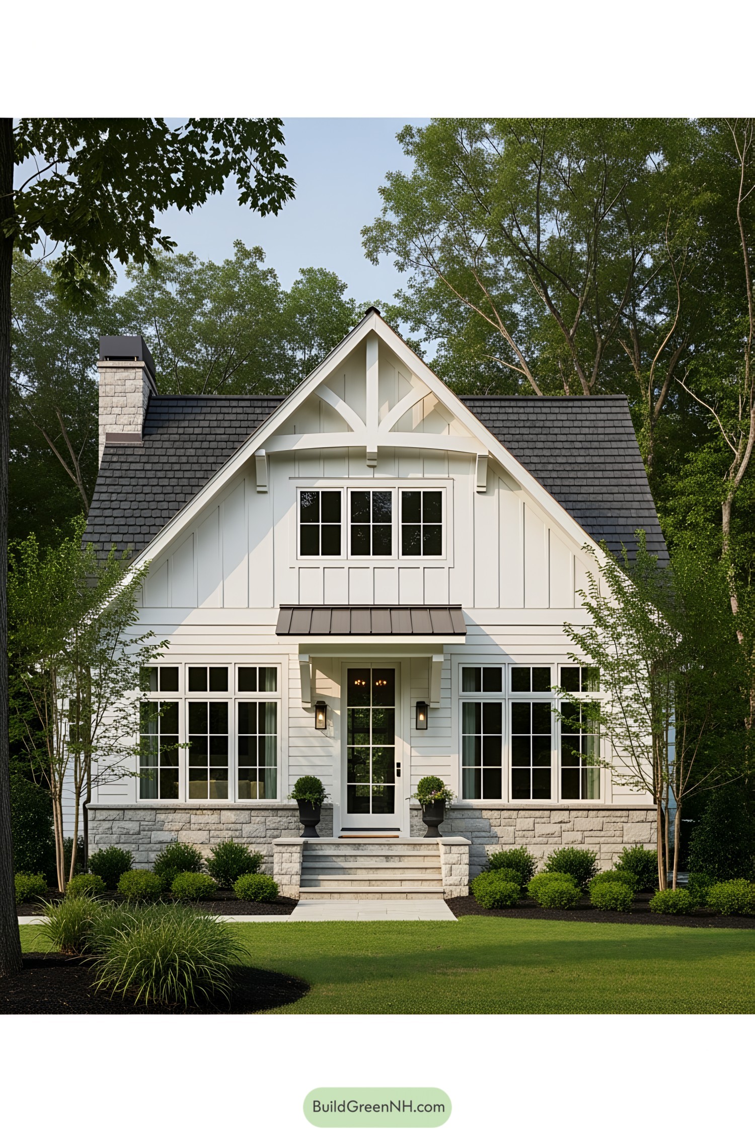White bungalow farmhouse with large windows and neat landscaping