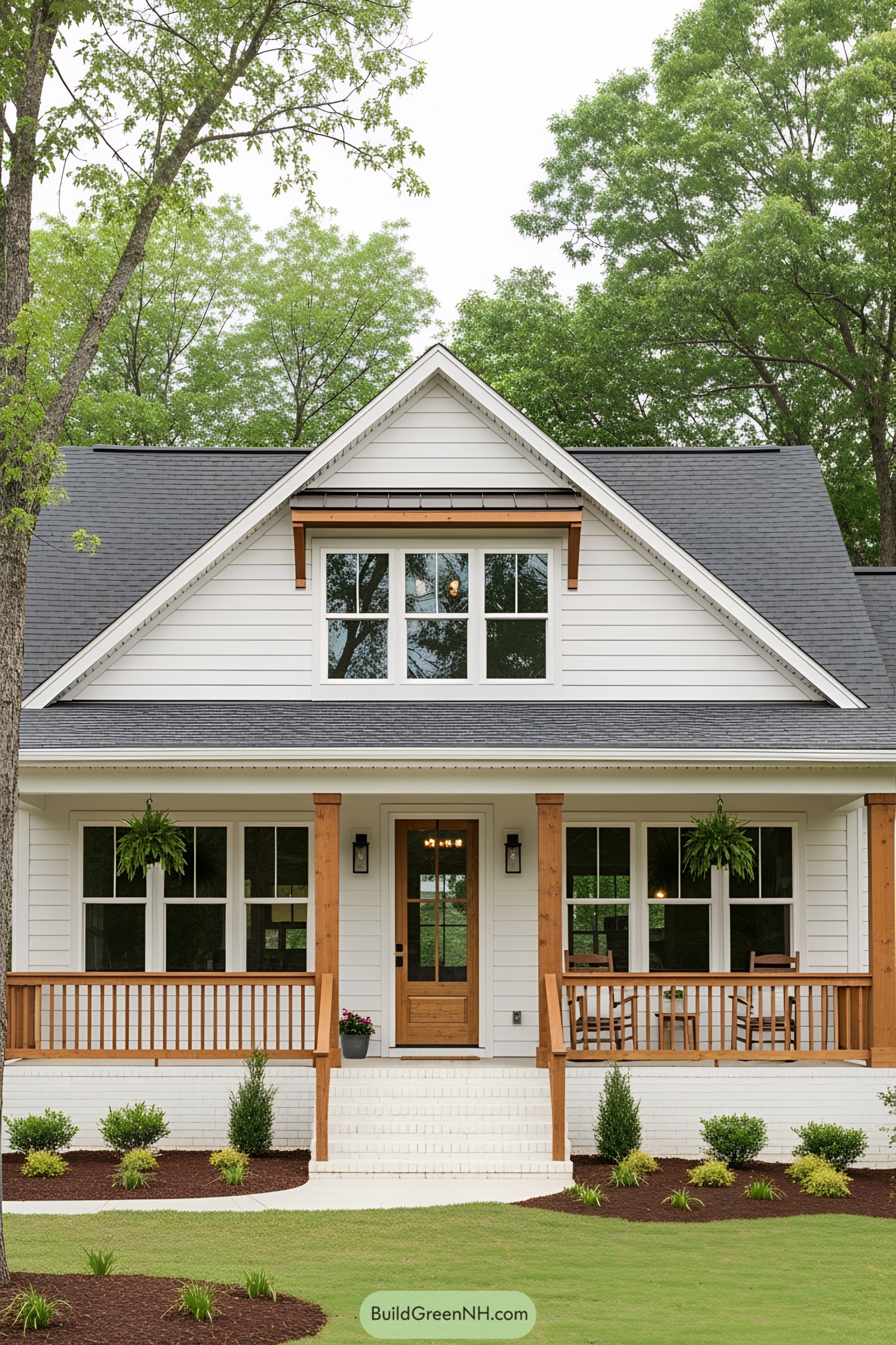 White bungalow farmhouse with inviting porch and greenery