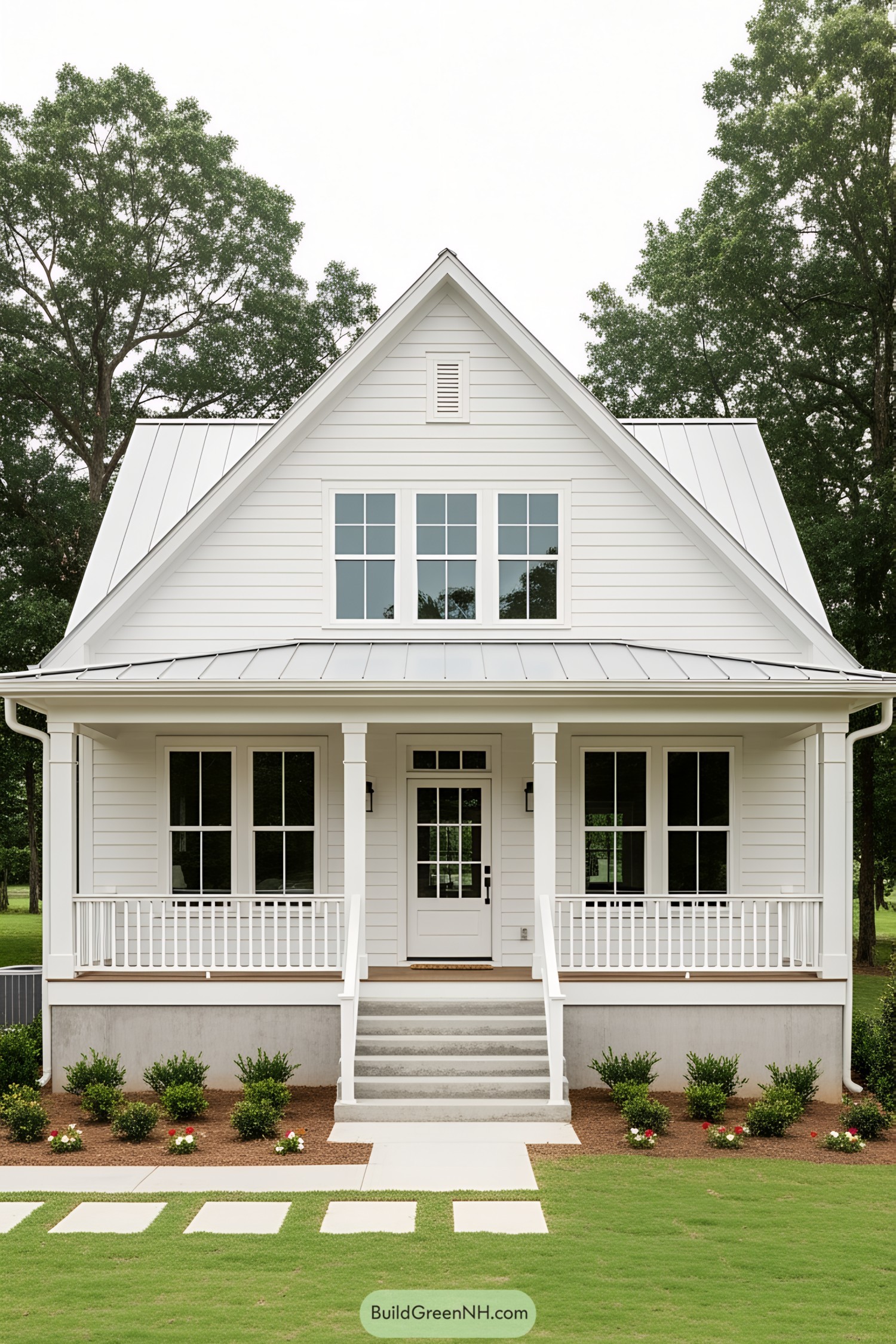 Bright and cheery white farmhouse with inviting porch