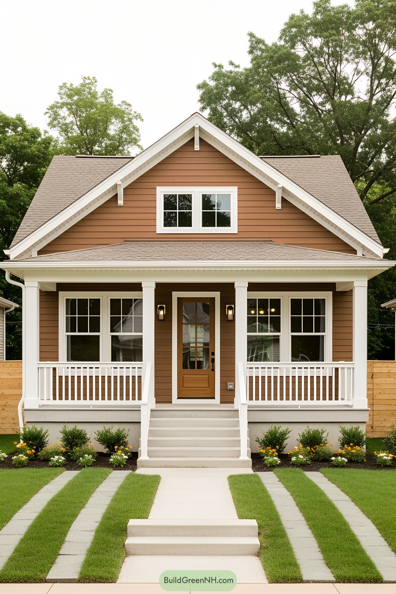 Front view of a compact brown bungalow with a cozy porch