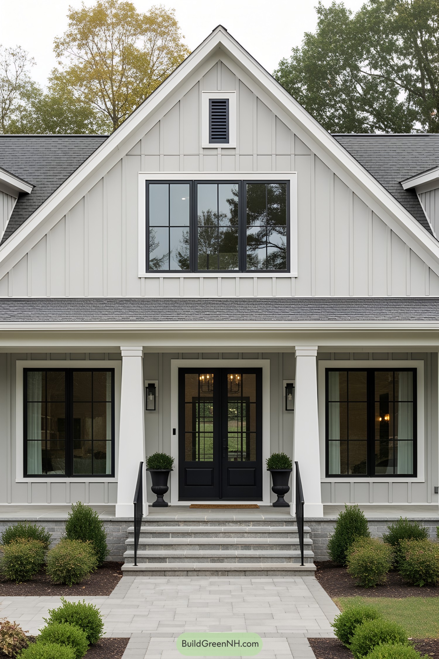 Front view of a bungalow farmhouse with modern design