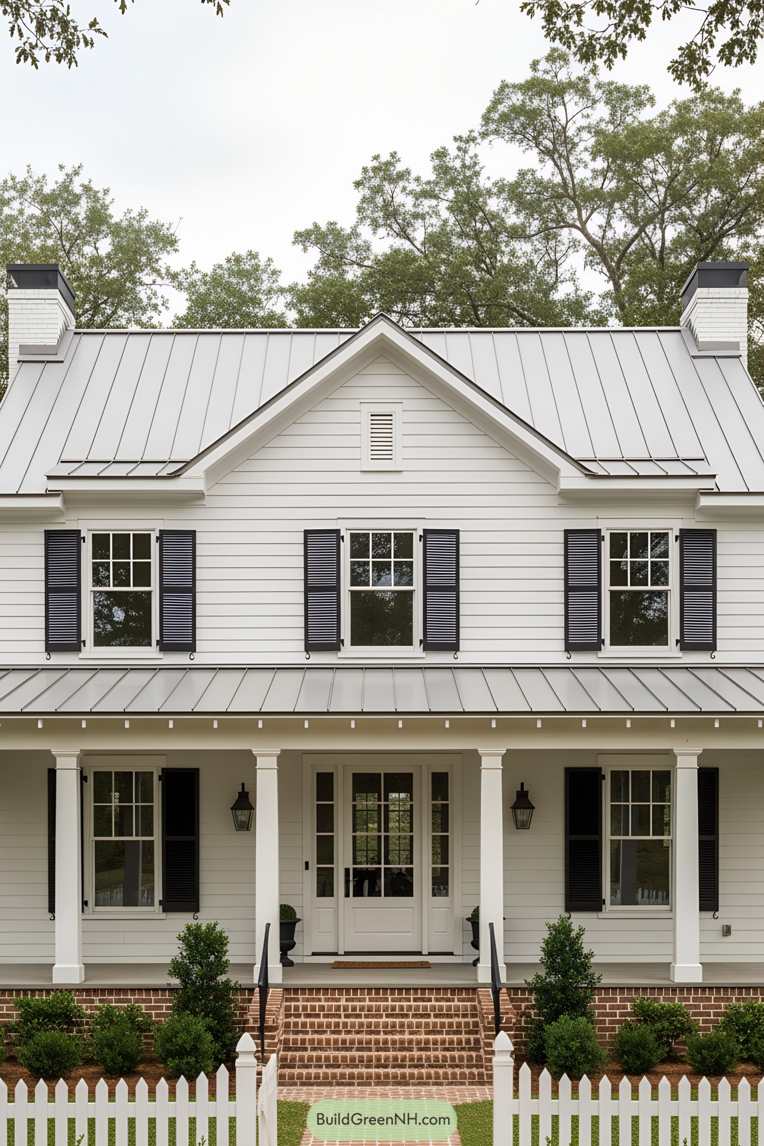 Classic white farmhouse with brick accents and picket fence