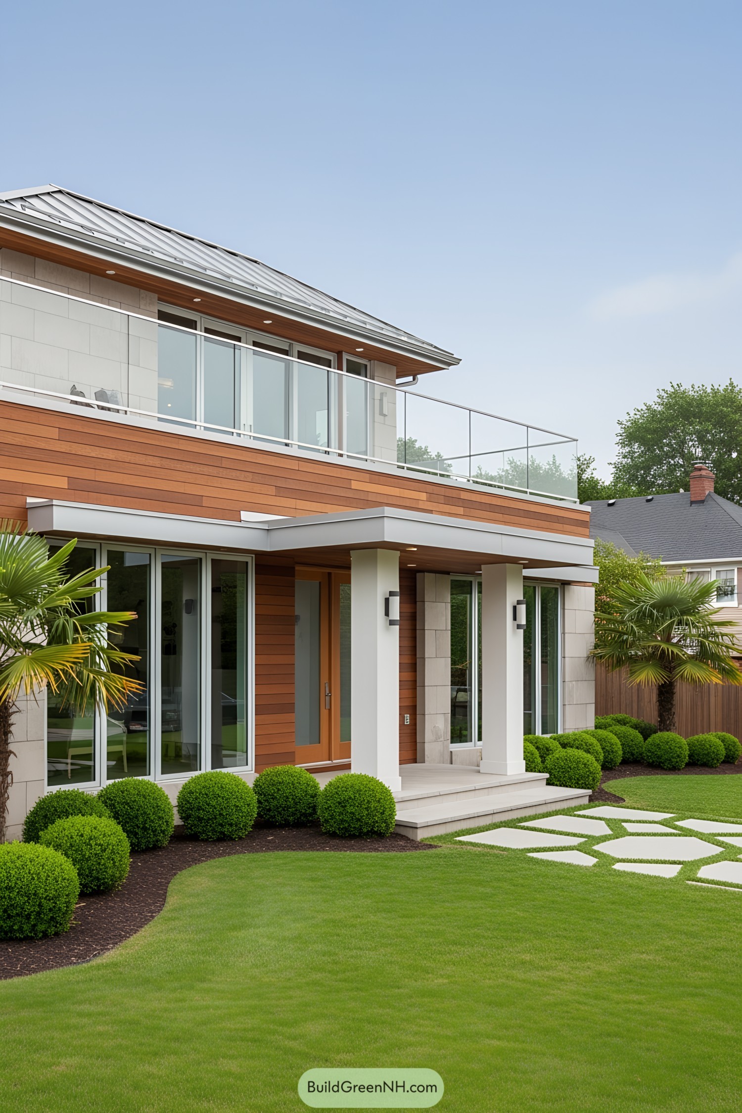Modern bungalow with a sleek roof deck and lush landscaping