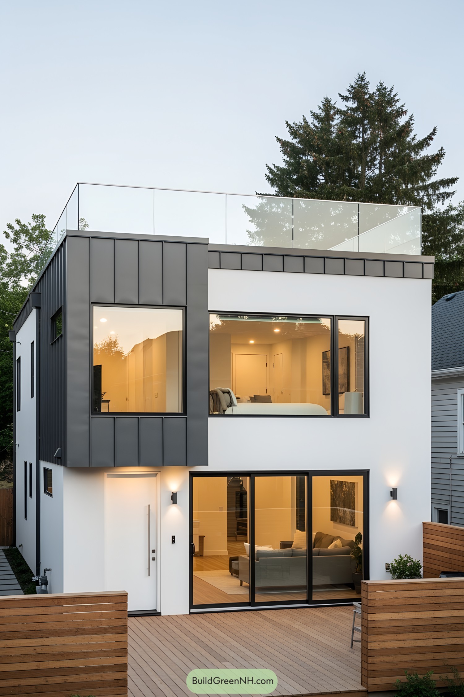 Modern bungalow with rooftop deck and glass railings