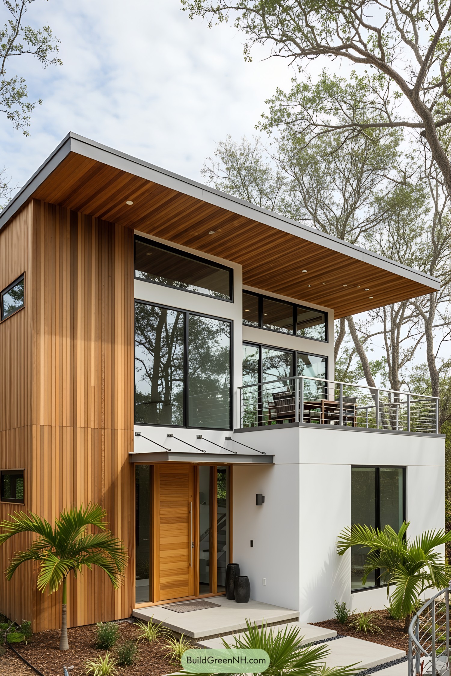 Modern bungalow with a rooftop deck and wooden accents