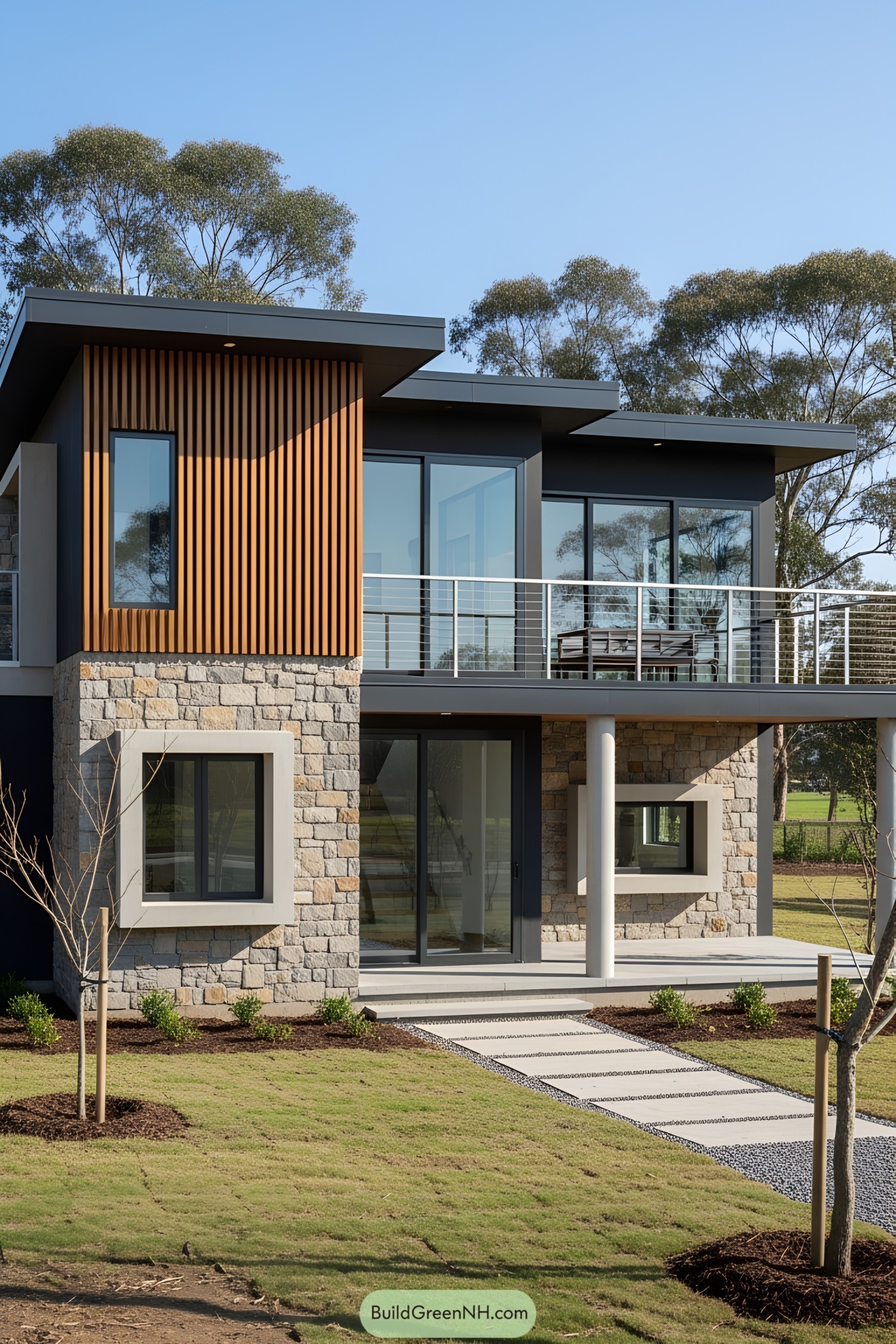 Modern bungalow with stone facade and roof deck