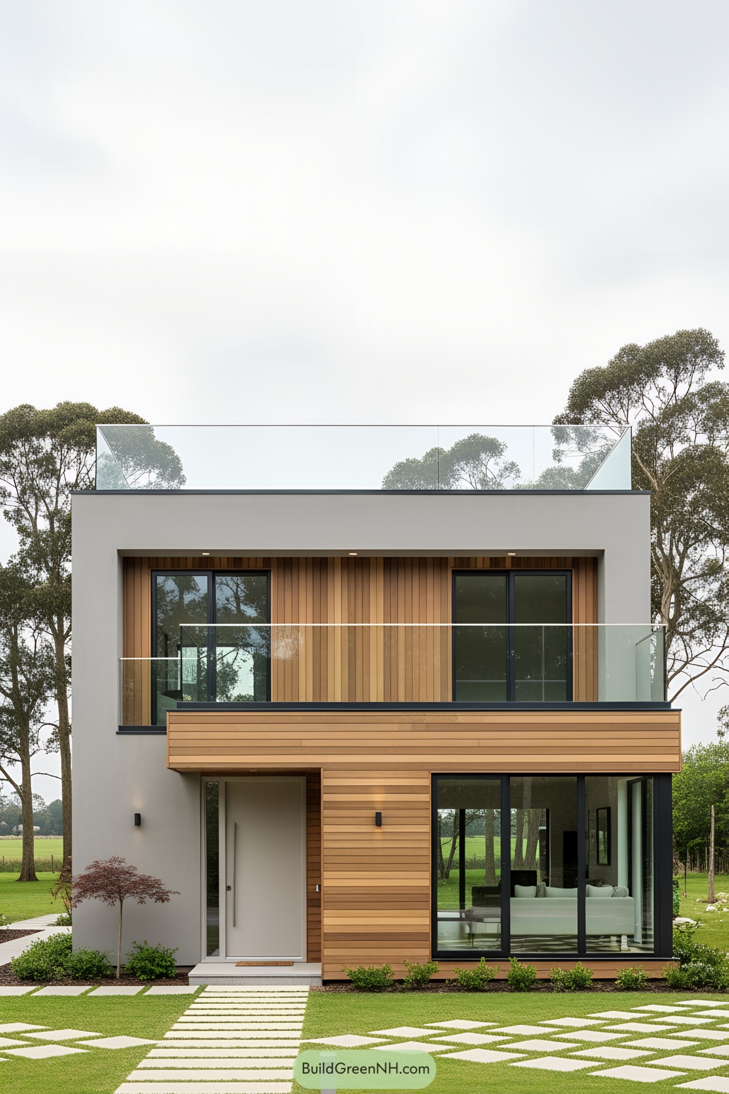 Modern bungalow with wooden accents and a rooftop deck
