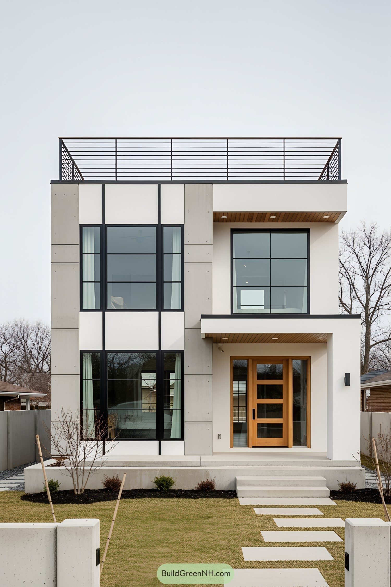 Modern bungalow with rooftop deck and large windows