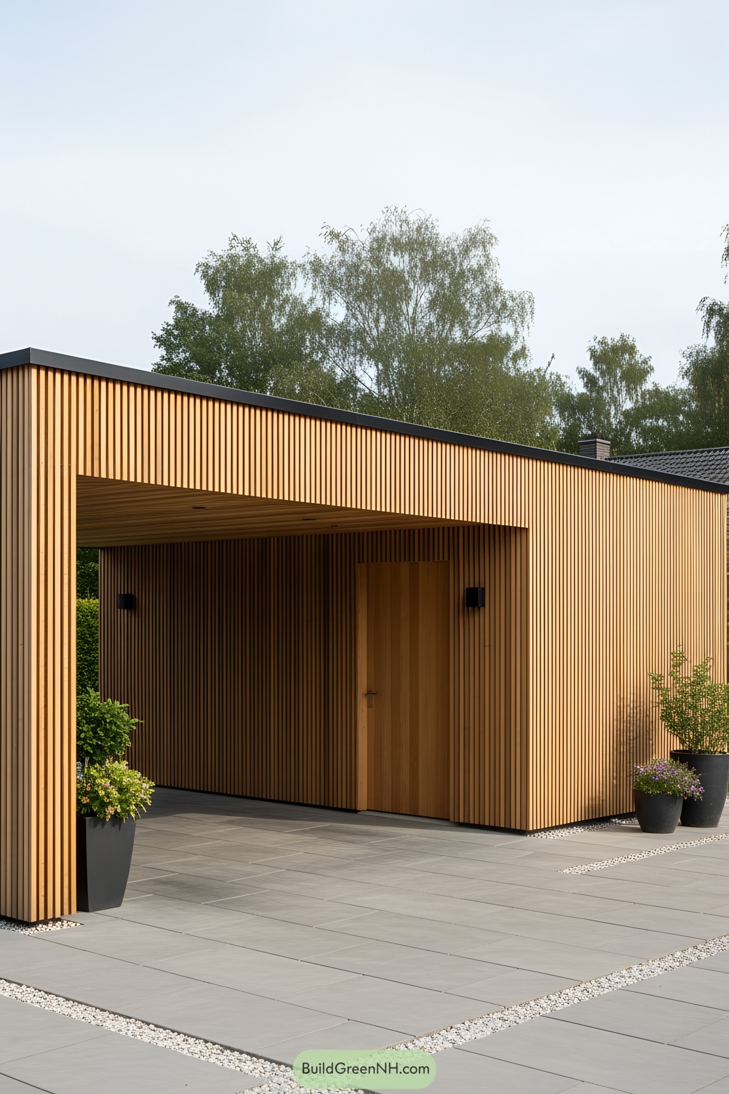 Carport with sleek wooden design