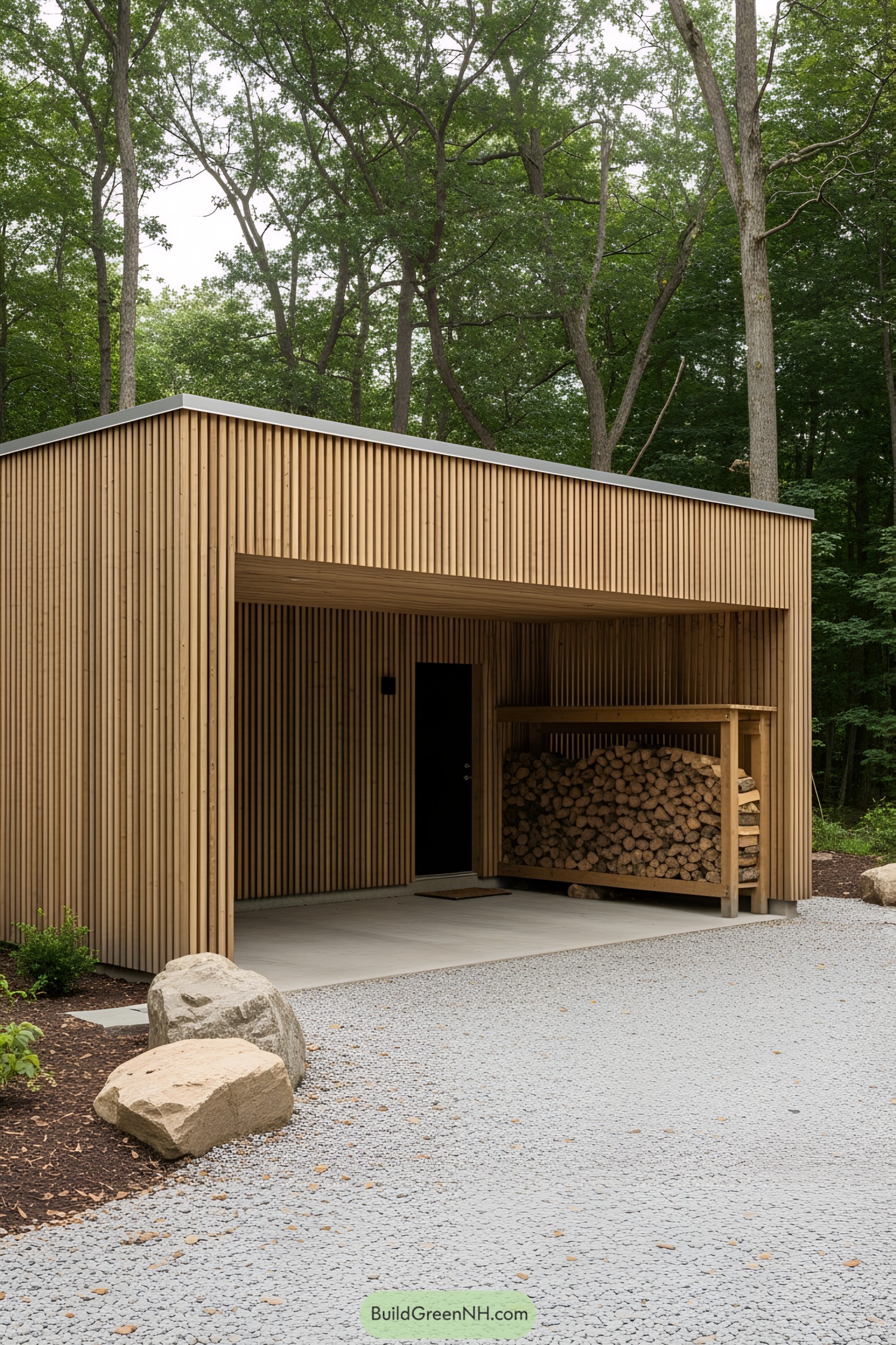 Simple wooden carport in a forest setting