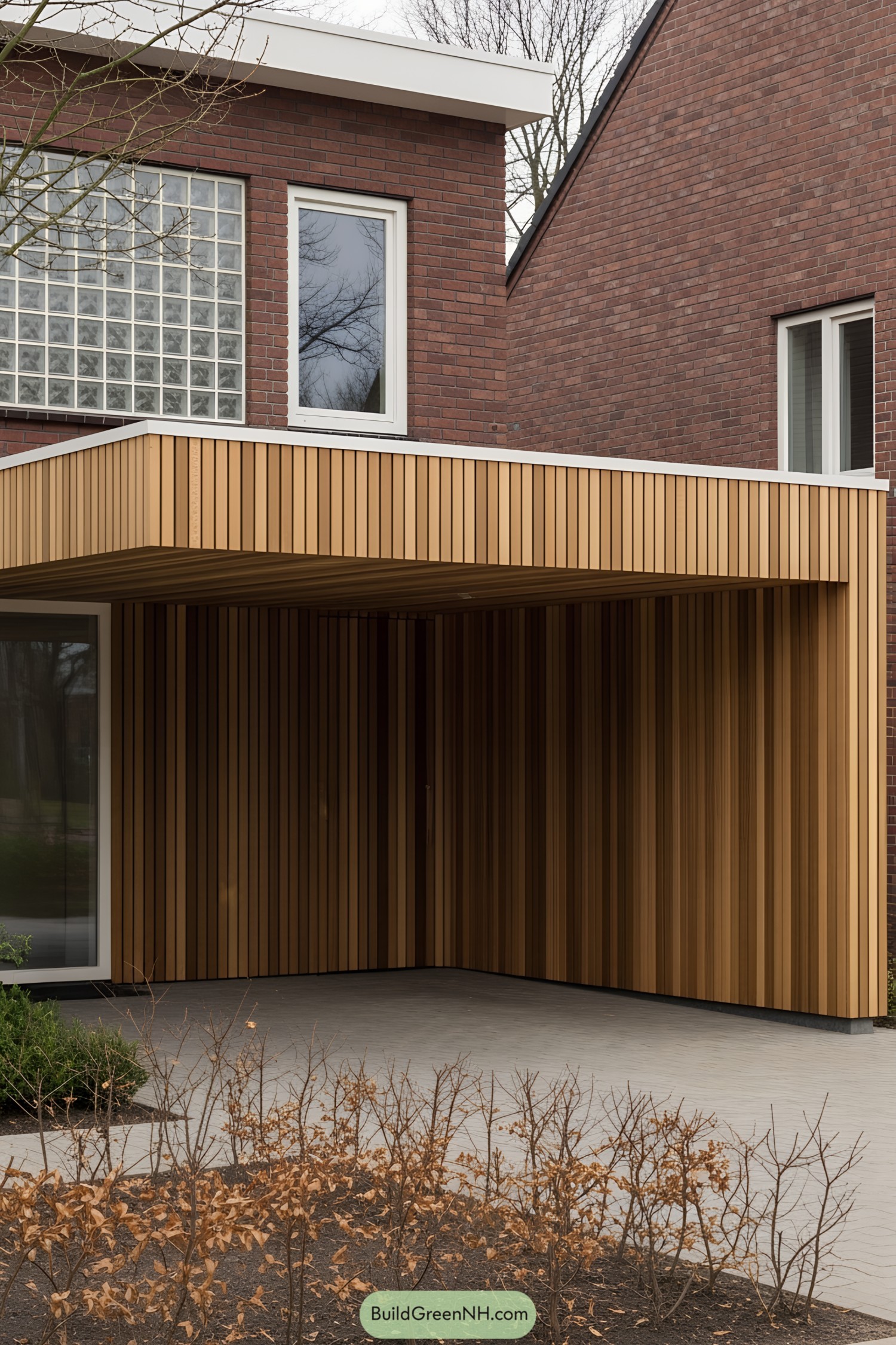 Carport with wooden slats next to a brick house