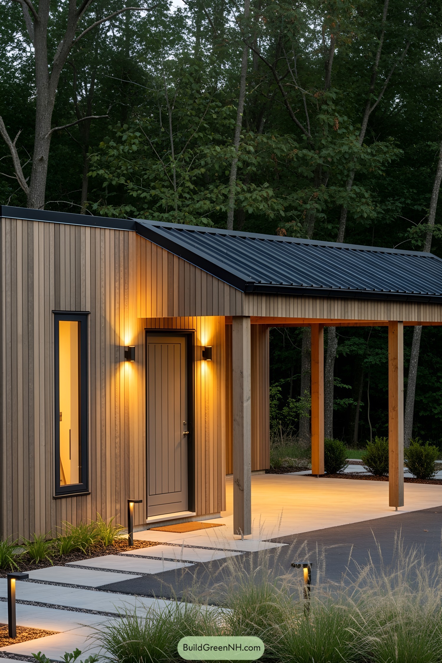 Carport beside a wooden house with ambient lighting