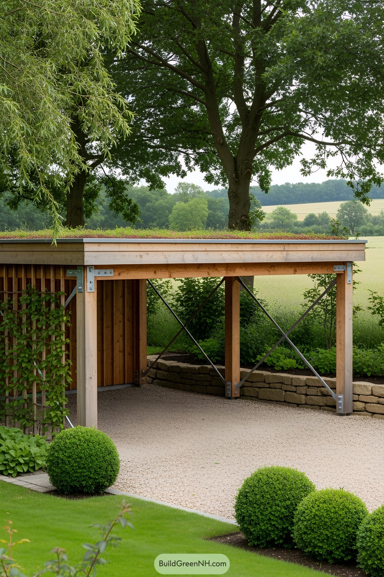Wooden carport with a lush roof, surrounded by nature