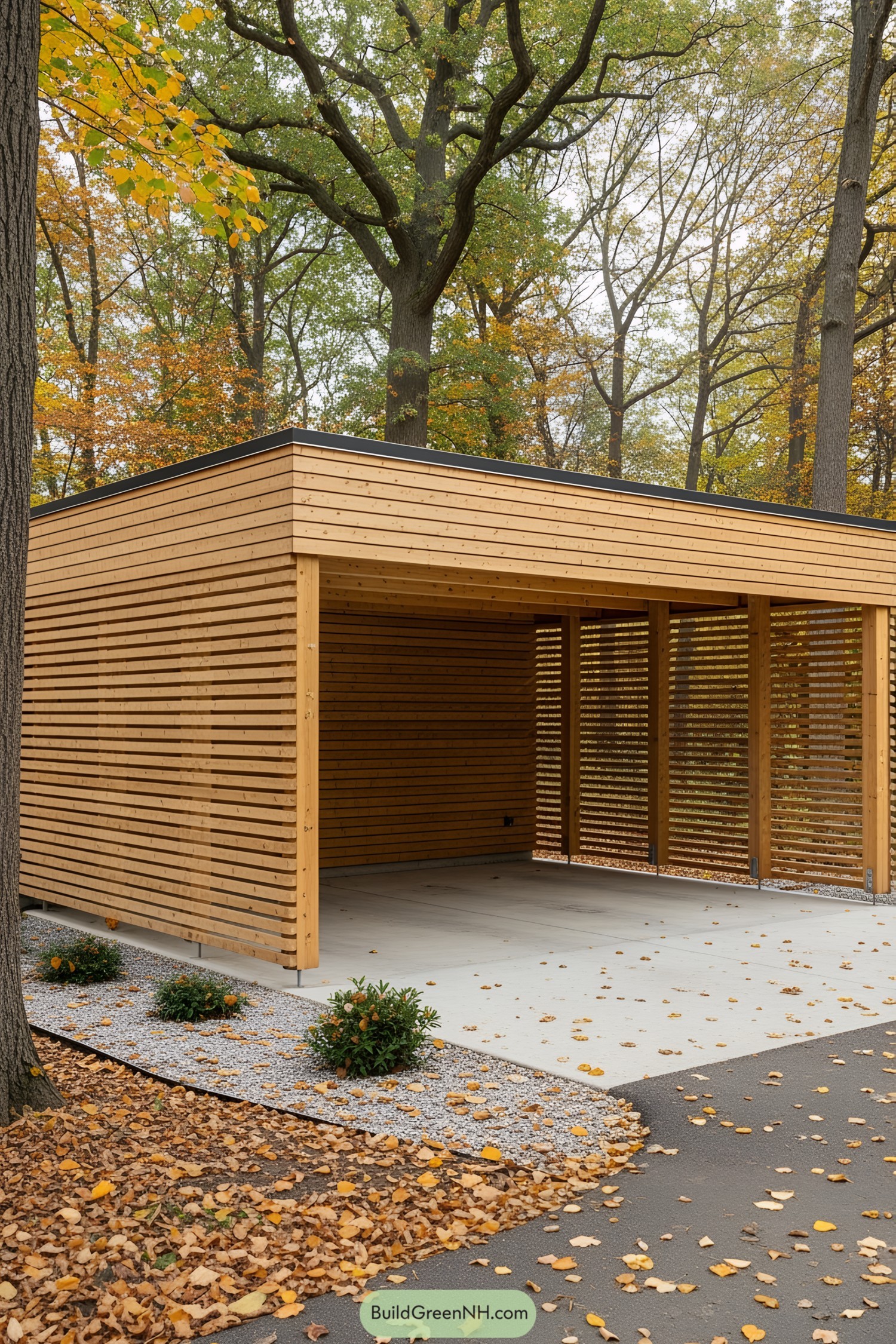 Wooden carport amid autumn leaves