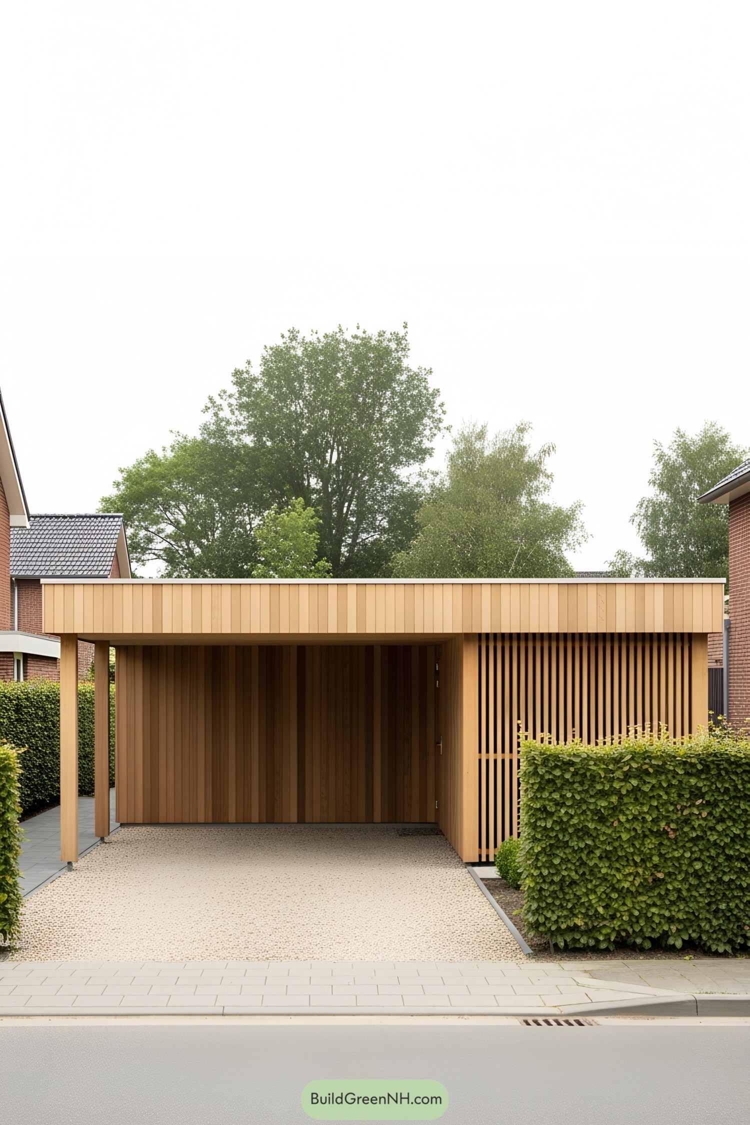 Wood carport with a slatted design