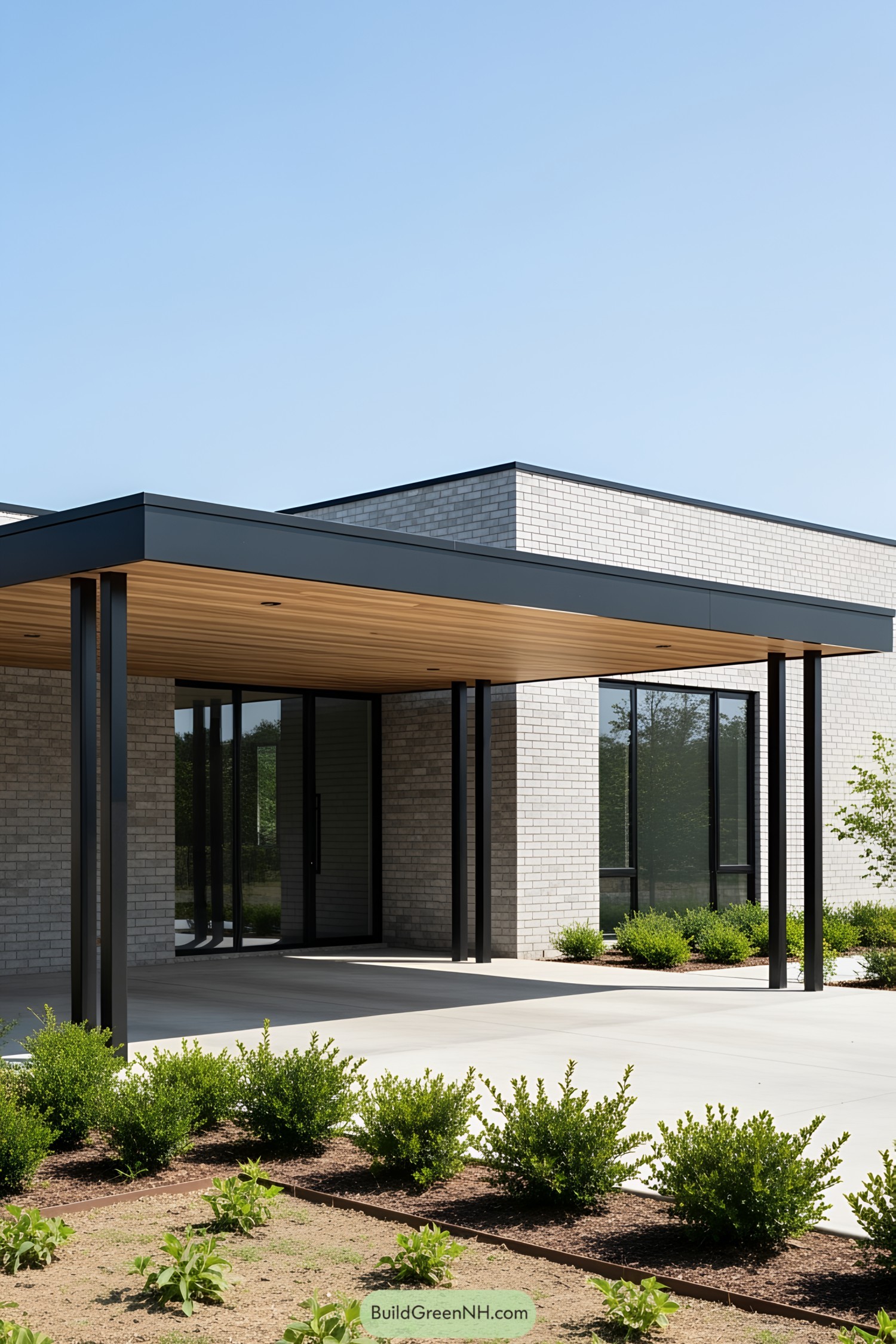 Modern carport next to a contemporary brick building