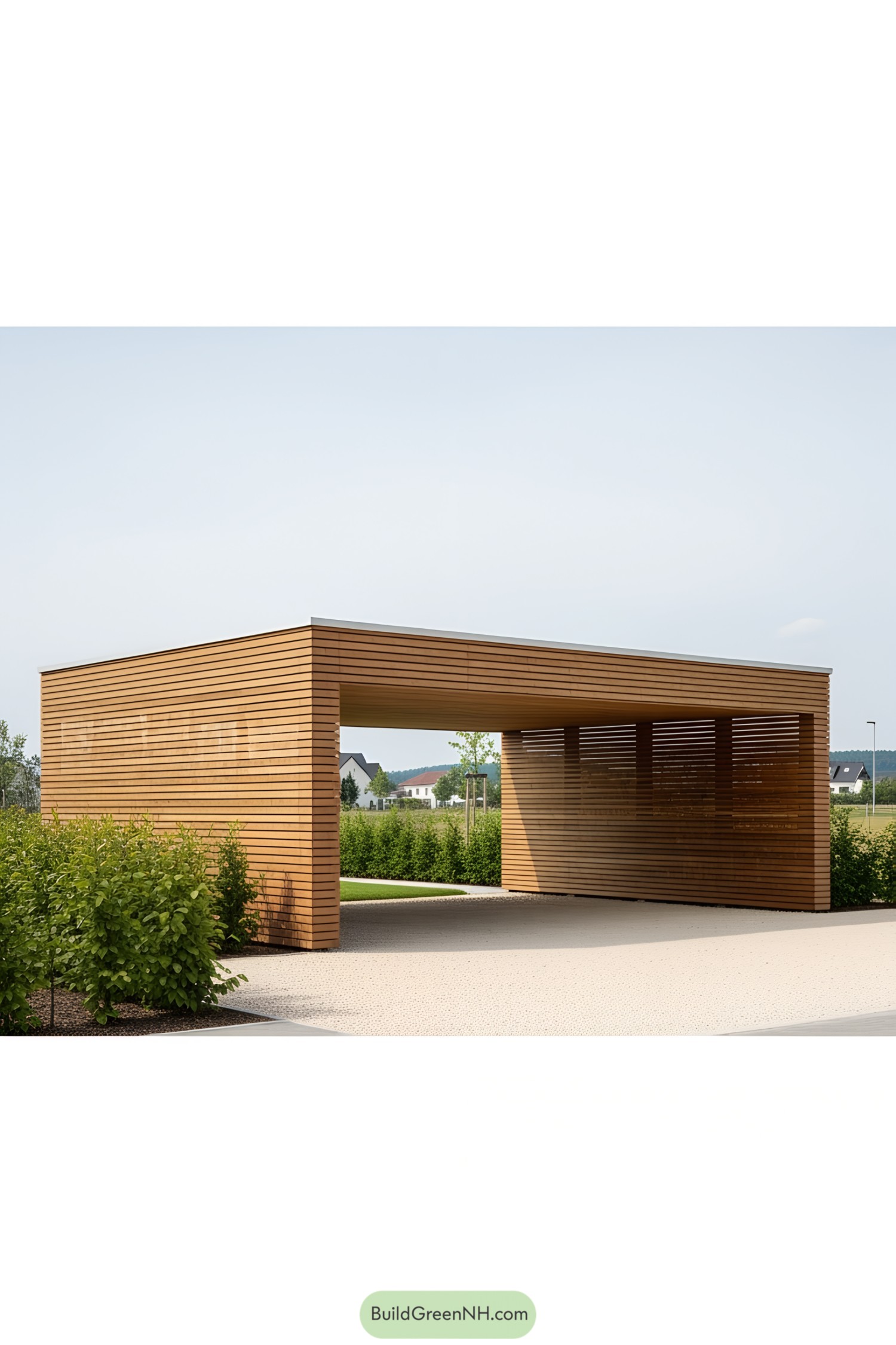 Wooden carport standing amid green shrubbery