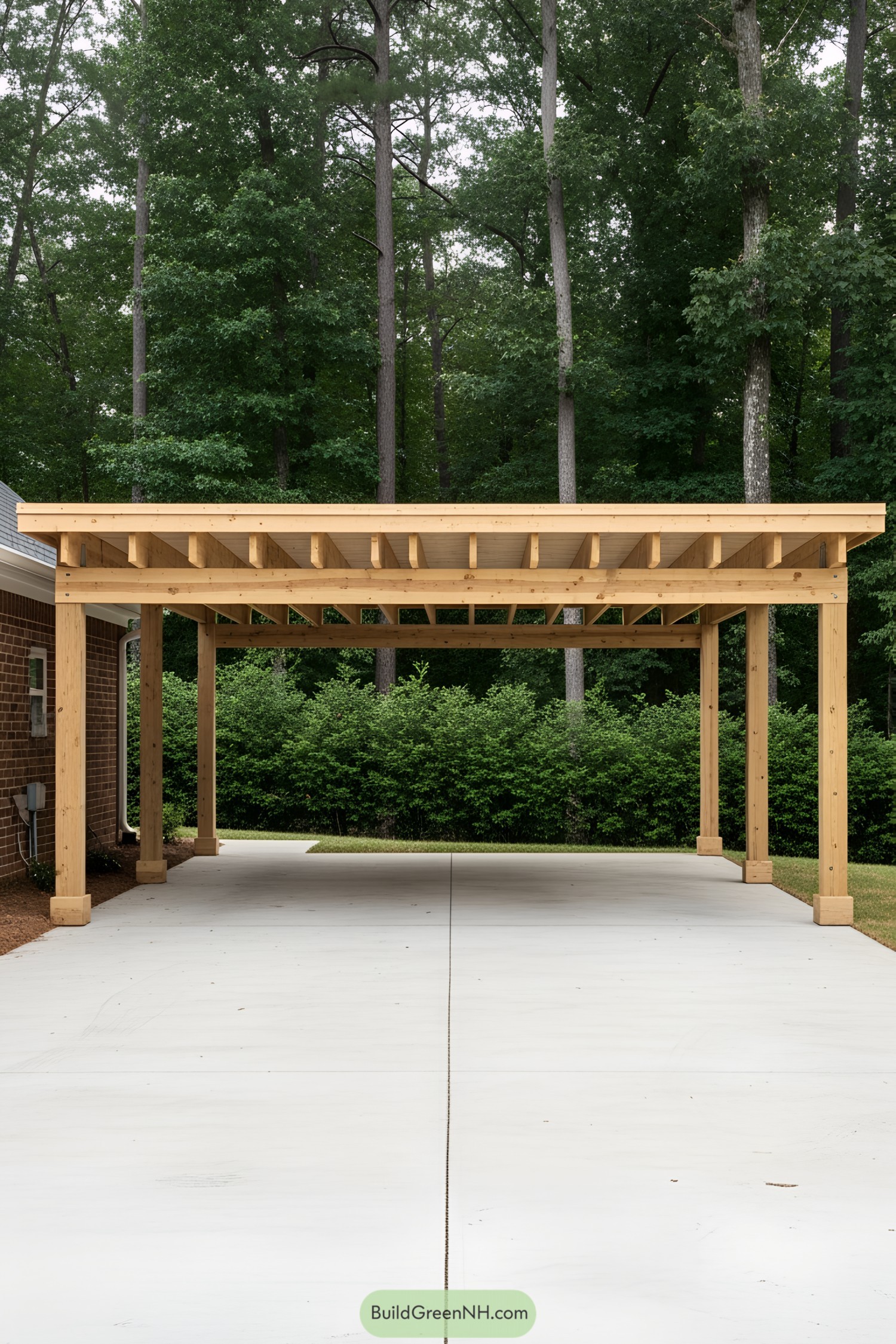 Wooden carport nestled beside a brick wall