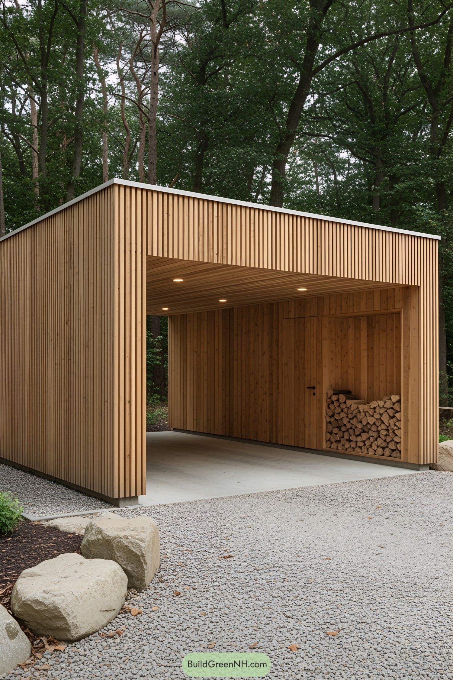 Wooden carport blending with nature