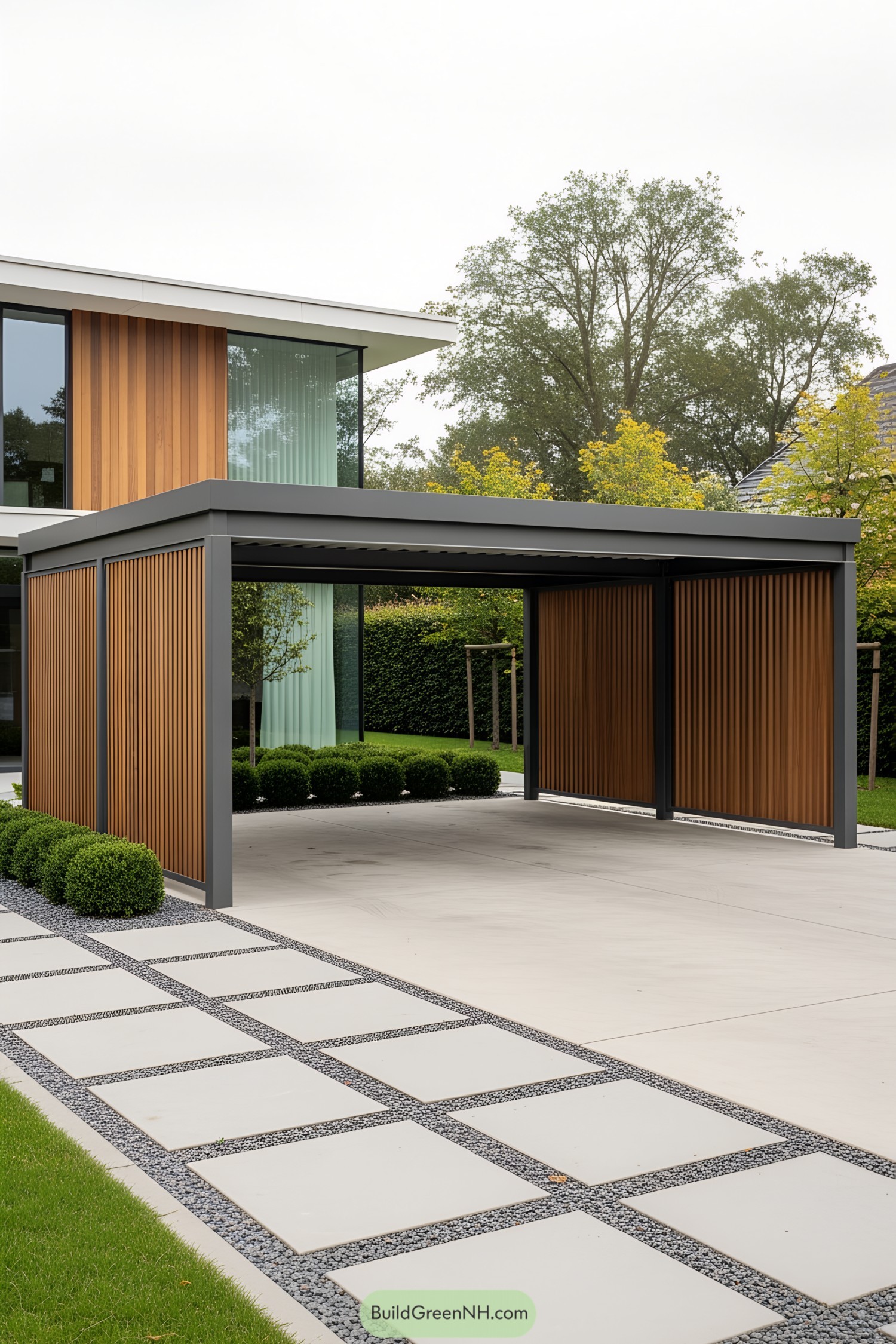 Sleek carport beside a modern house with wooden elements